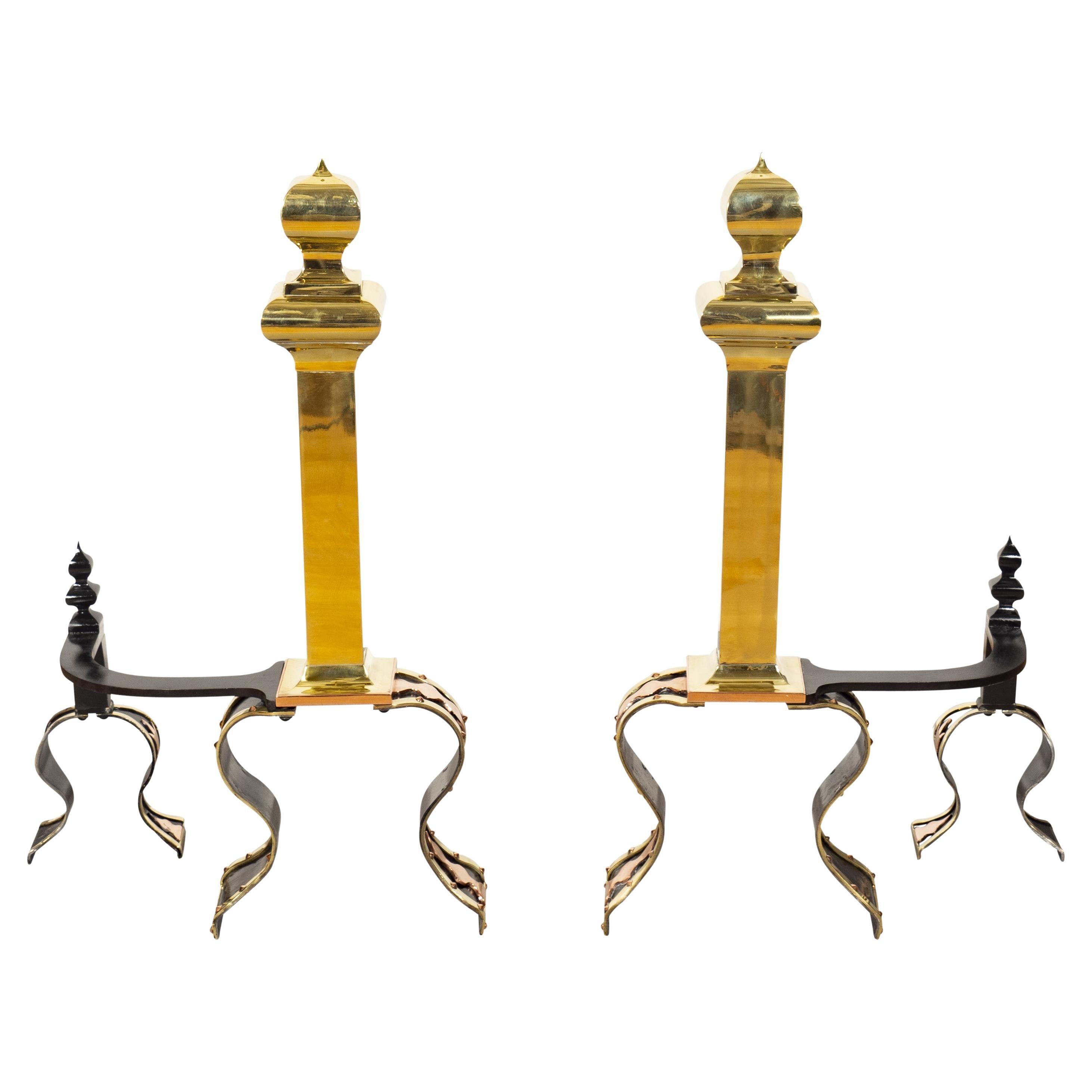 Pair of Arts & Crafts Brass, Iron and Copper Andirons