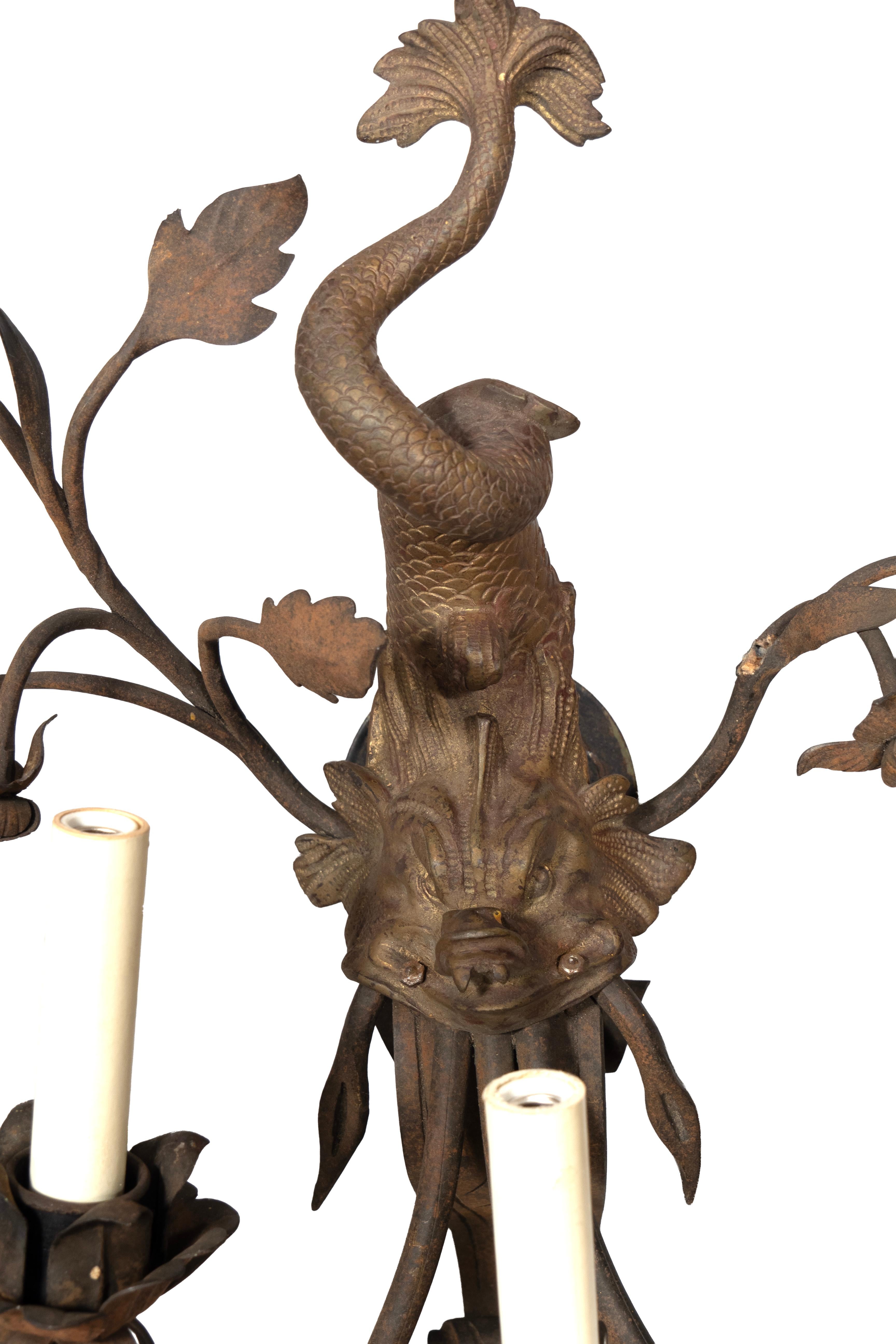 Arts and Crafts Pair Of Arts And Crafts Bronze And Wrought Iron Dolphin Wall Sconces For Sale