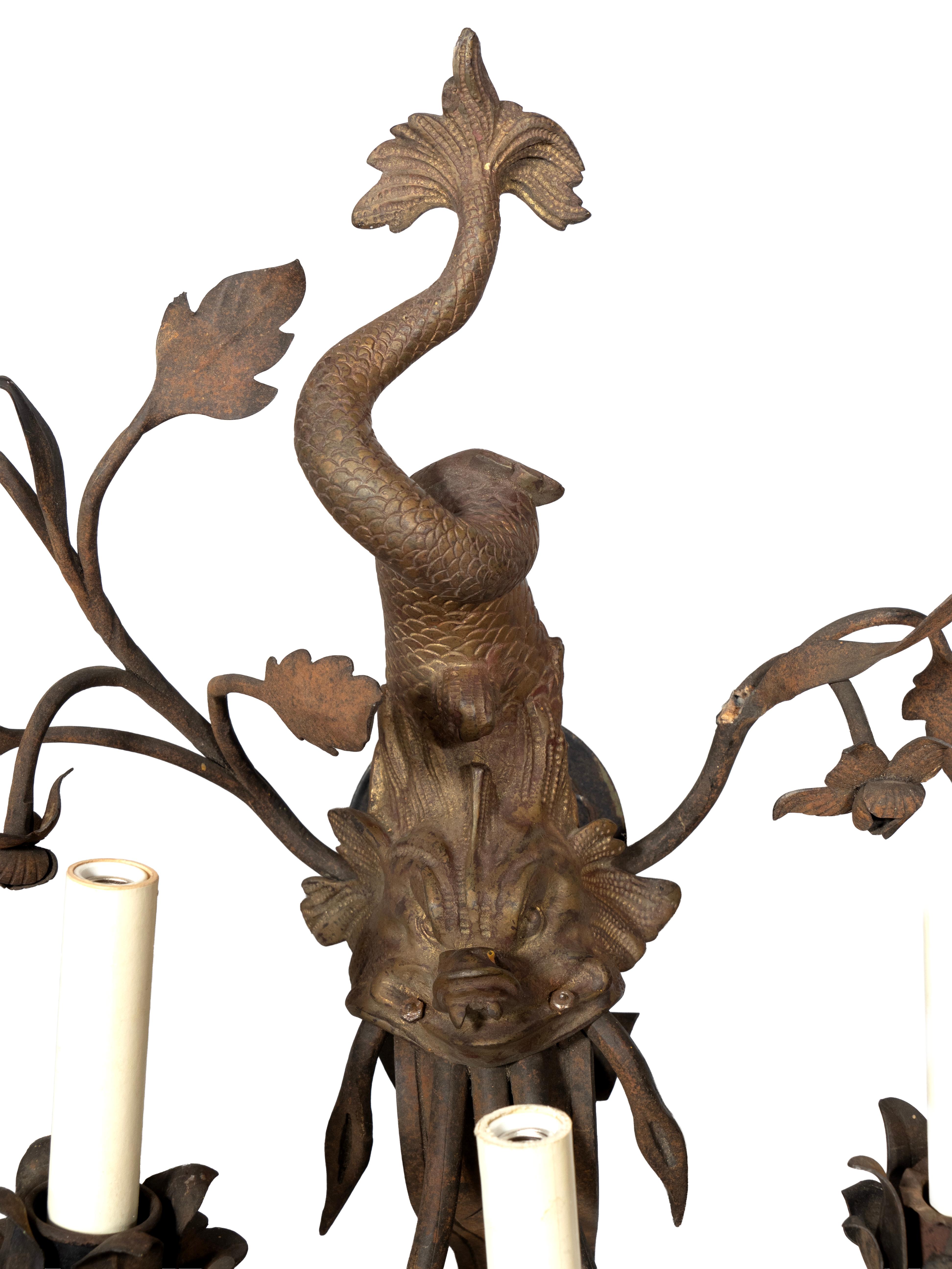 European Pair Of Arts And Crafts Bronze And Wrought Iron Dolphin Wall Sconces For Sale