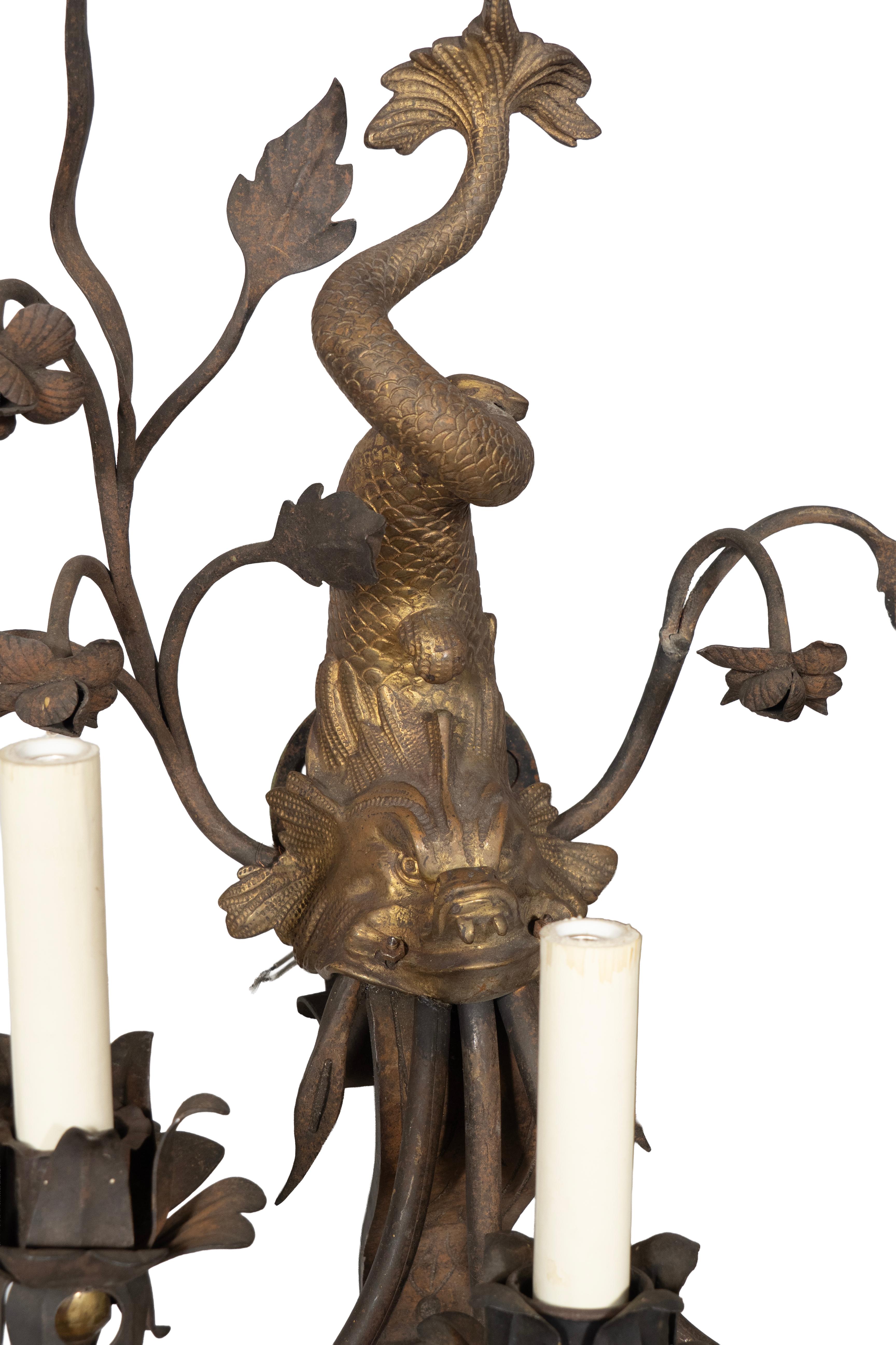 Pair Of Arts And Crafts Bronze And Wrought Iron Dolphin Wall Sconces In Good Condition For Sale In Essex, MA