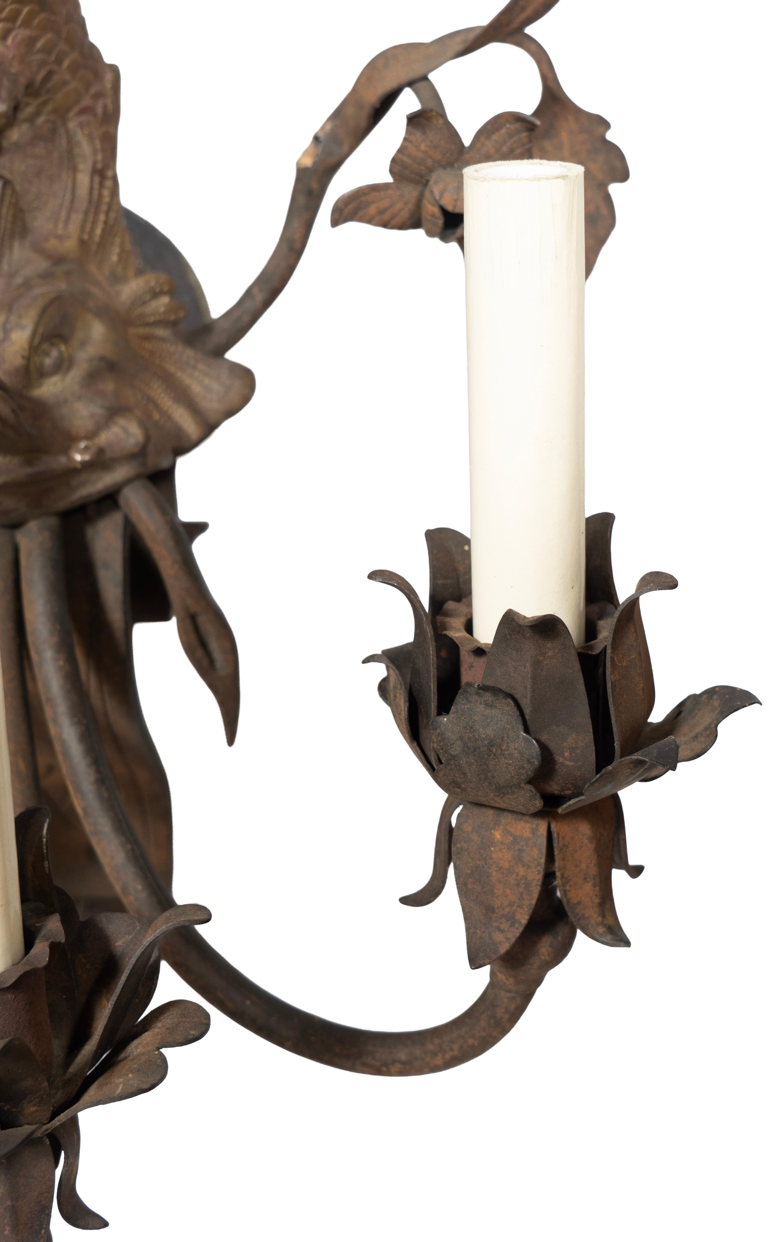 19th Century Pair Of Arts And Crafts Bronze And Wrought Iron Dolphin Wall Sconces For Sale