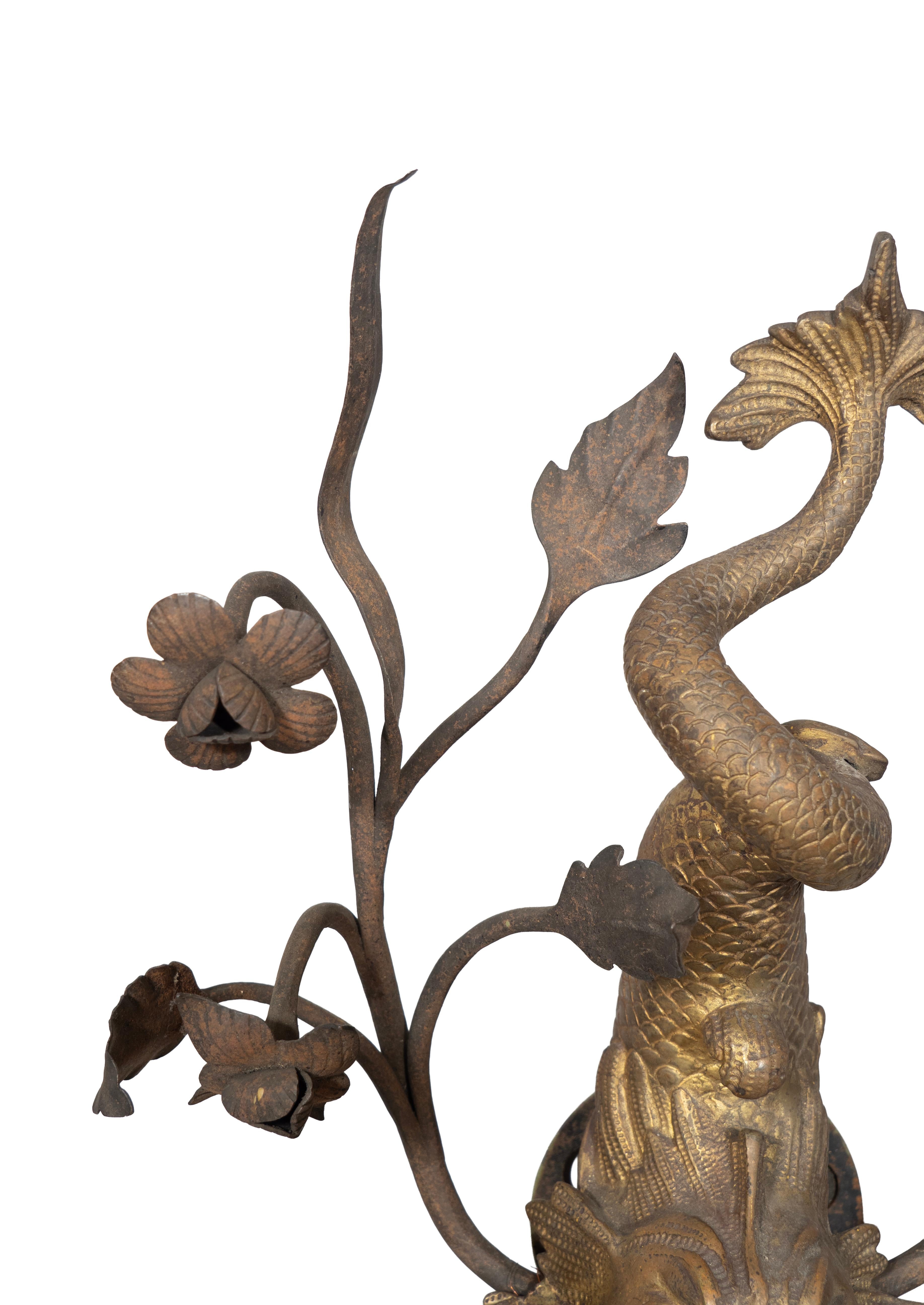 Pair Of Arts And Crafts Bronze And Wrought Iron Dolphin Wall Sconces For Sale 1
