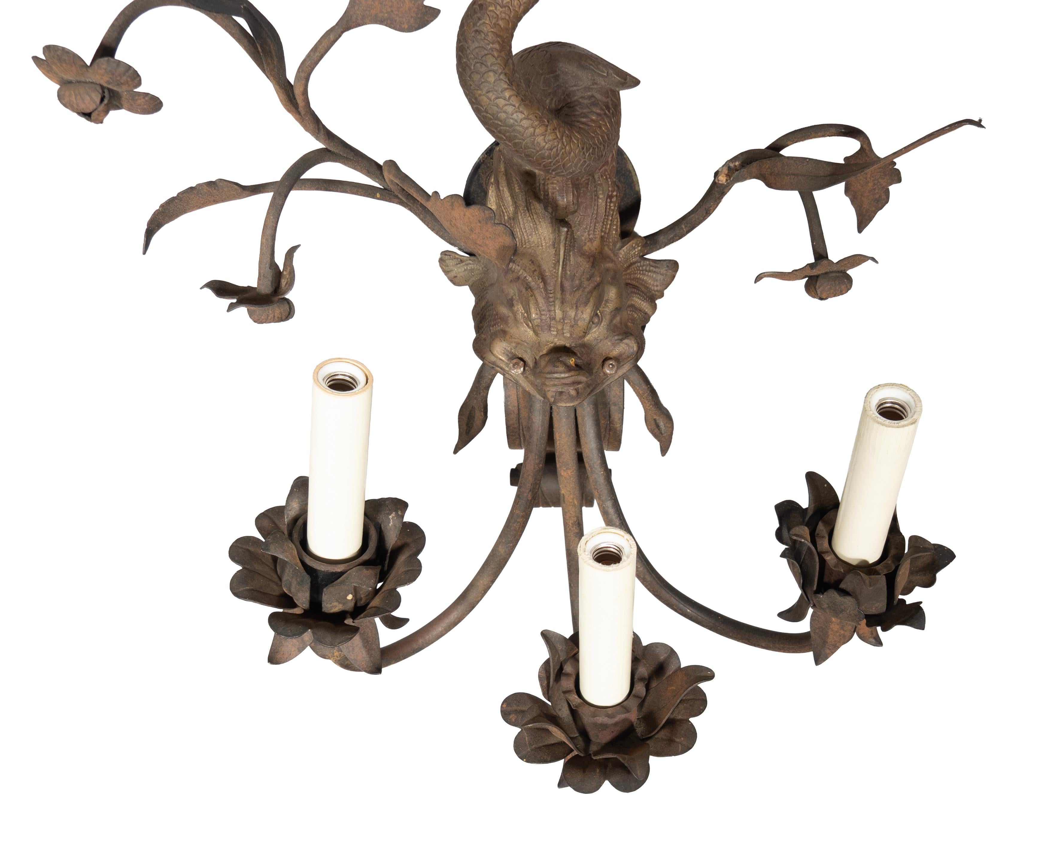 Pair Of Arts And Crafts Bronze And Wrought Iron Dolphin Wall Sconces For Sale 2
