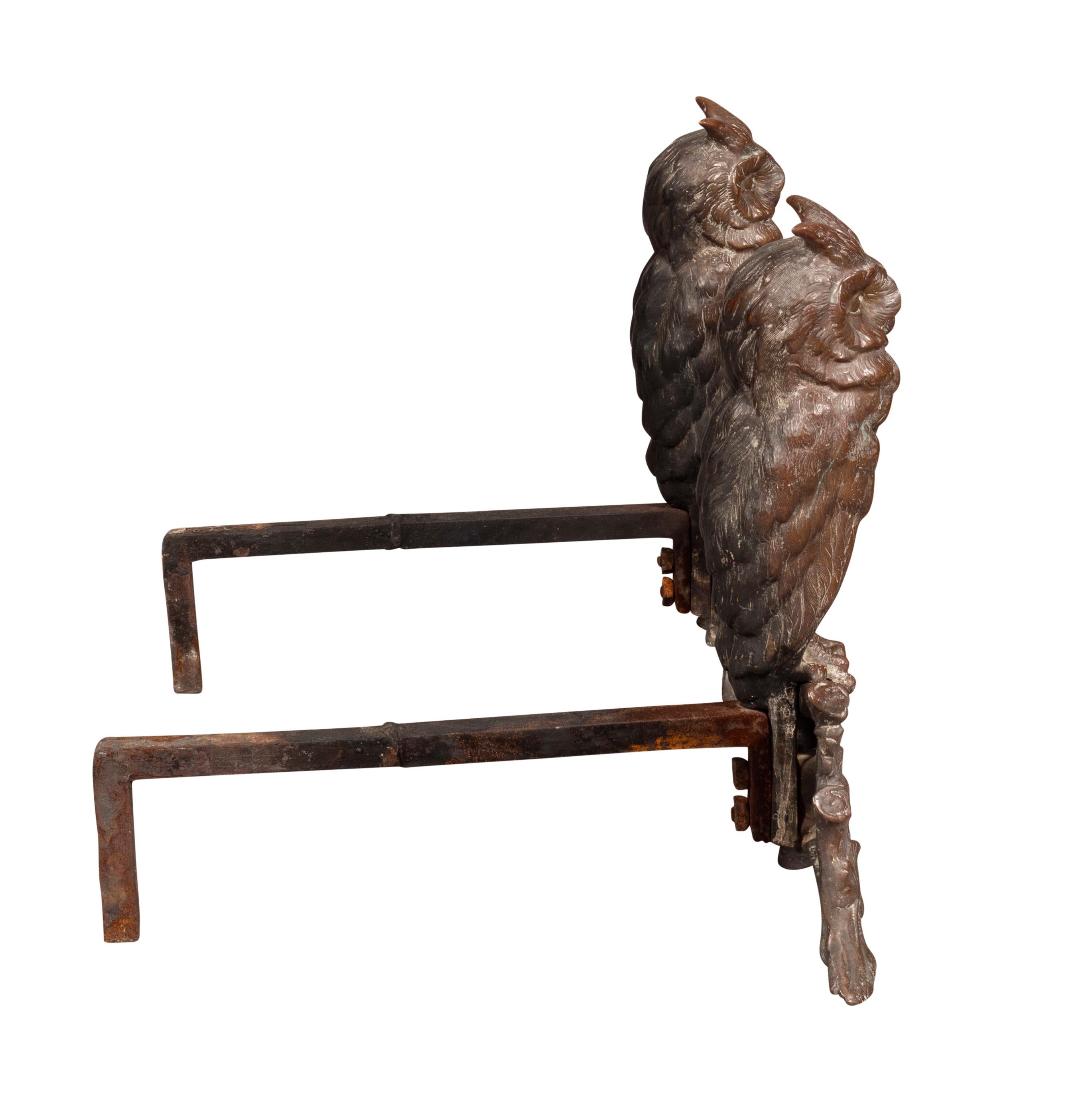 Arts and Crafts Pair Of Arts And Crafts Bronze Owl Andirons