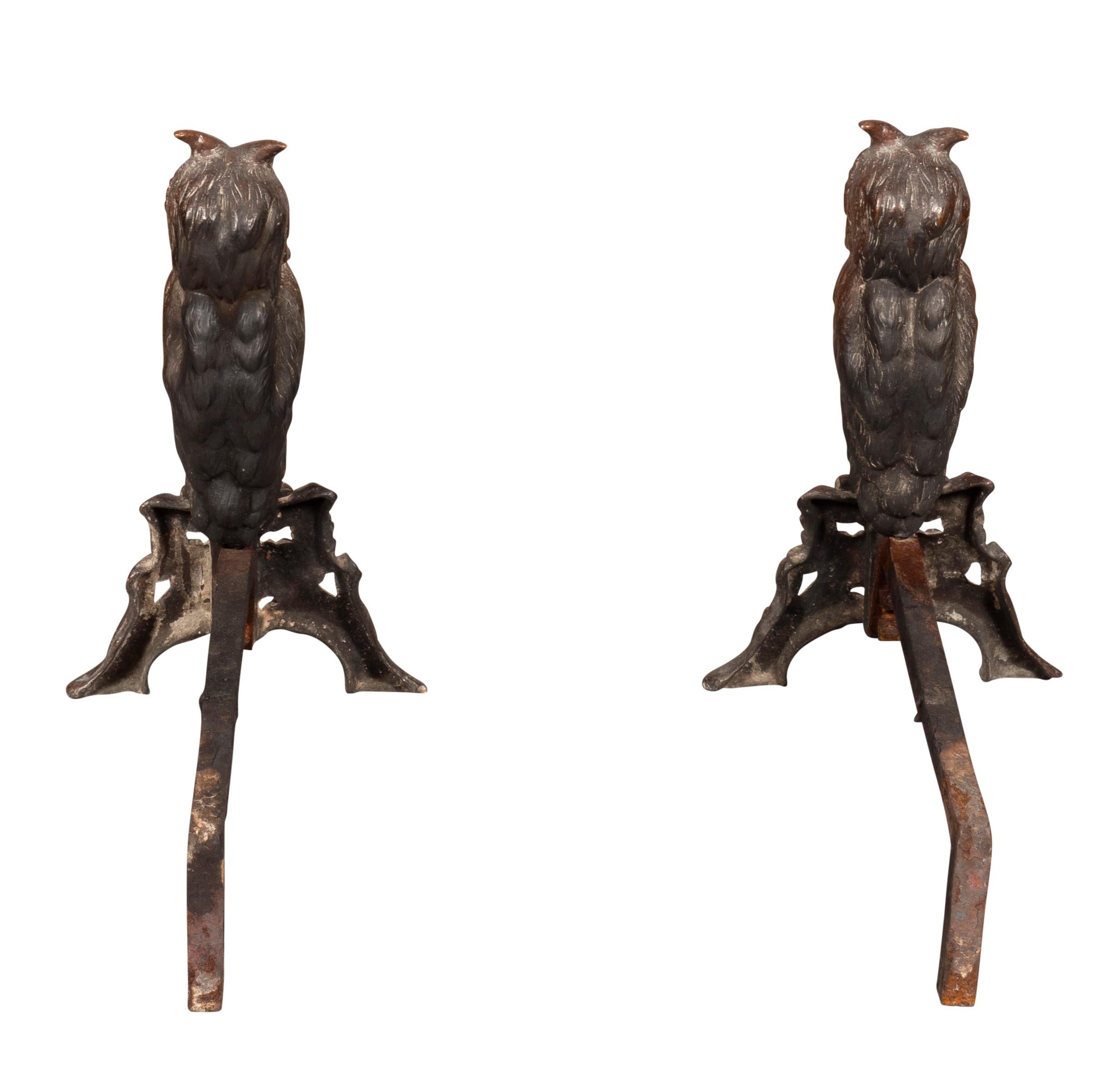 Pair Of Arts And Crafts Bronze Owl Andirons In Good Condition In Essex, MA