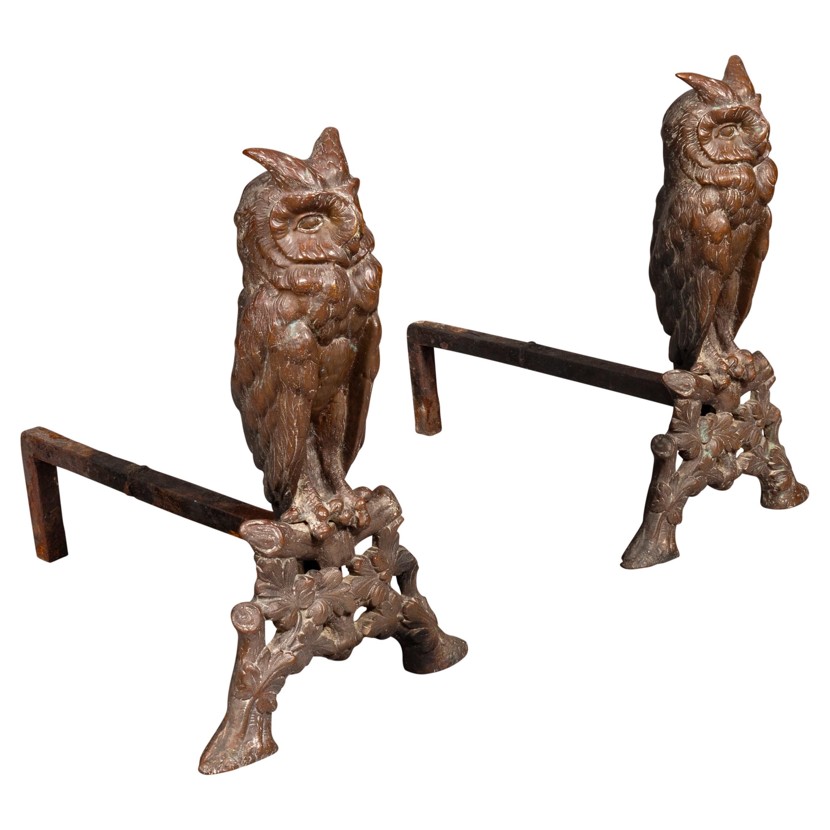 Pair Of Arts And Crafts Bronze Owl Andirons