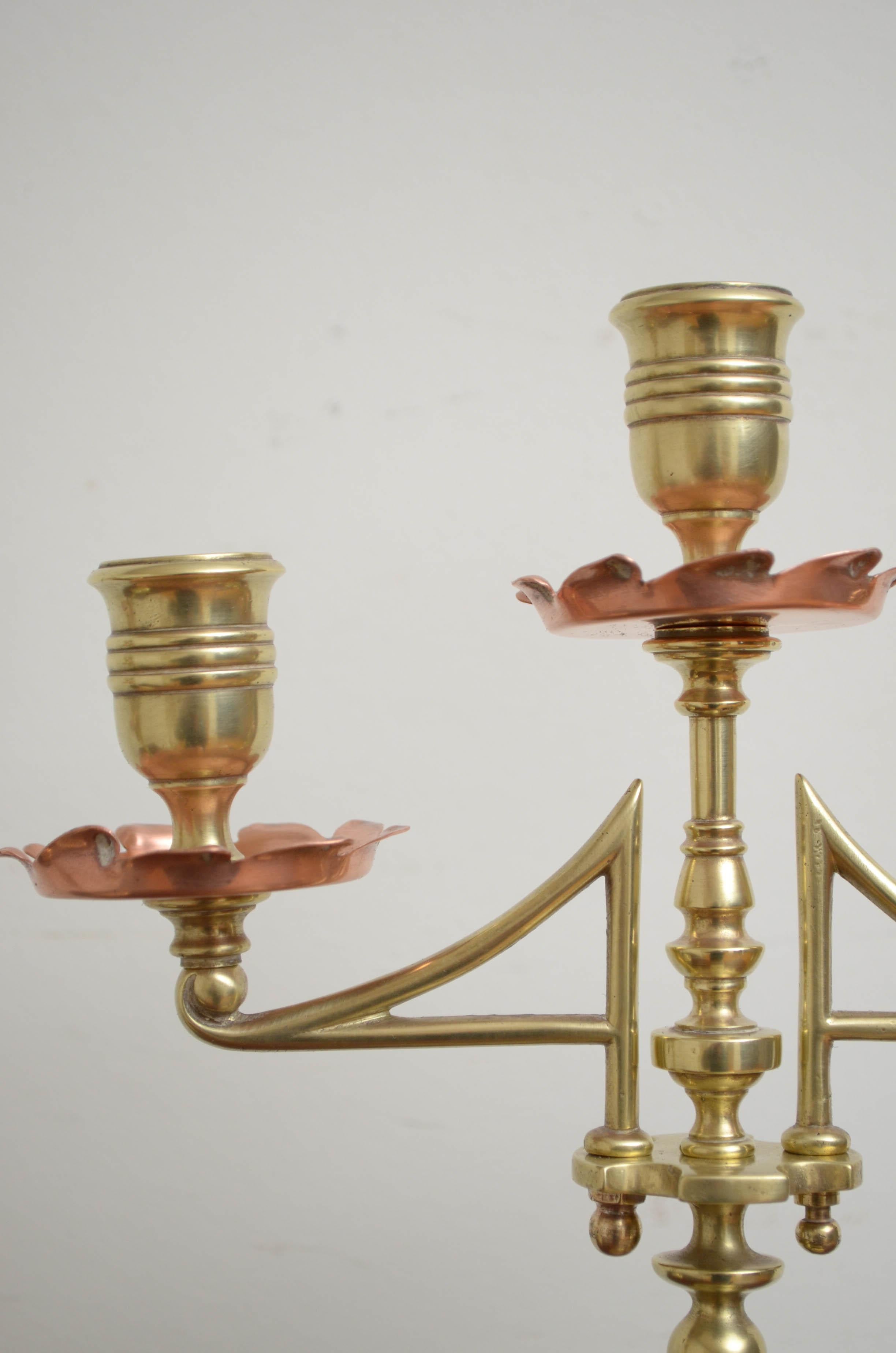 Brass Pair of Arts & Crafts Candleholders For Sale