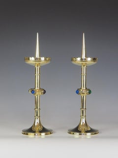 Pair of Arts and Crafts Candle Holders with Semi Precious Cabochon Stones