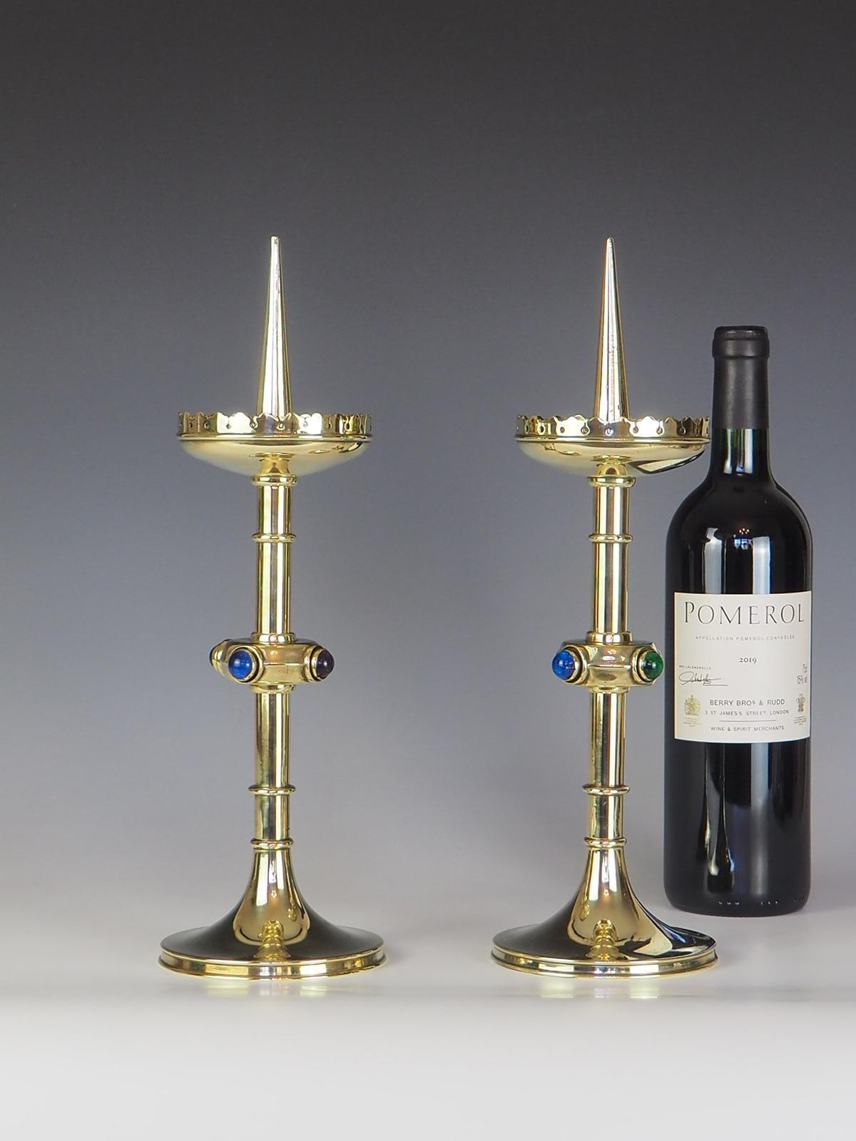Belgian Pair of Arts and Crafts Candle Holders with Semi Precious Cabochon Stones For Sale