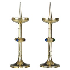 Pair of Arts and Crafts Candle Holders with Semi Precious Cabochon Stones