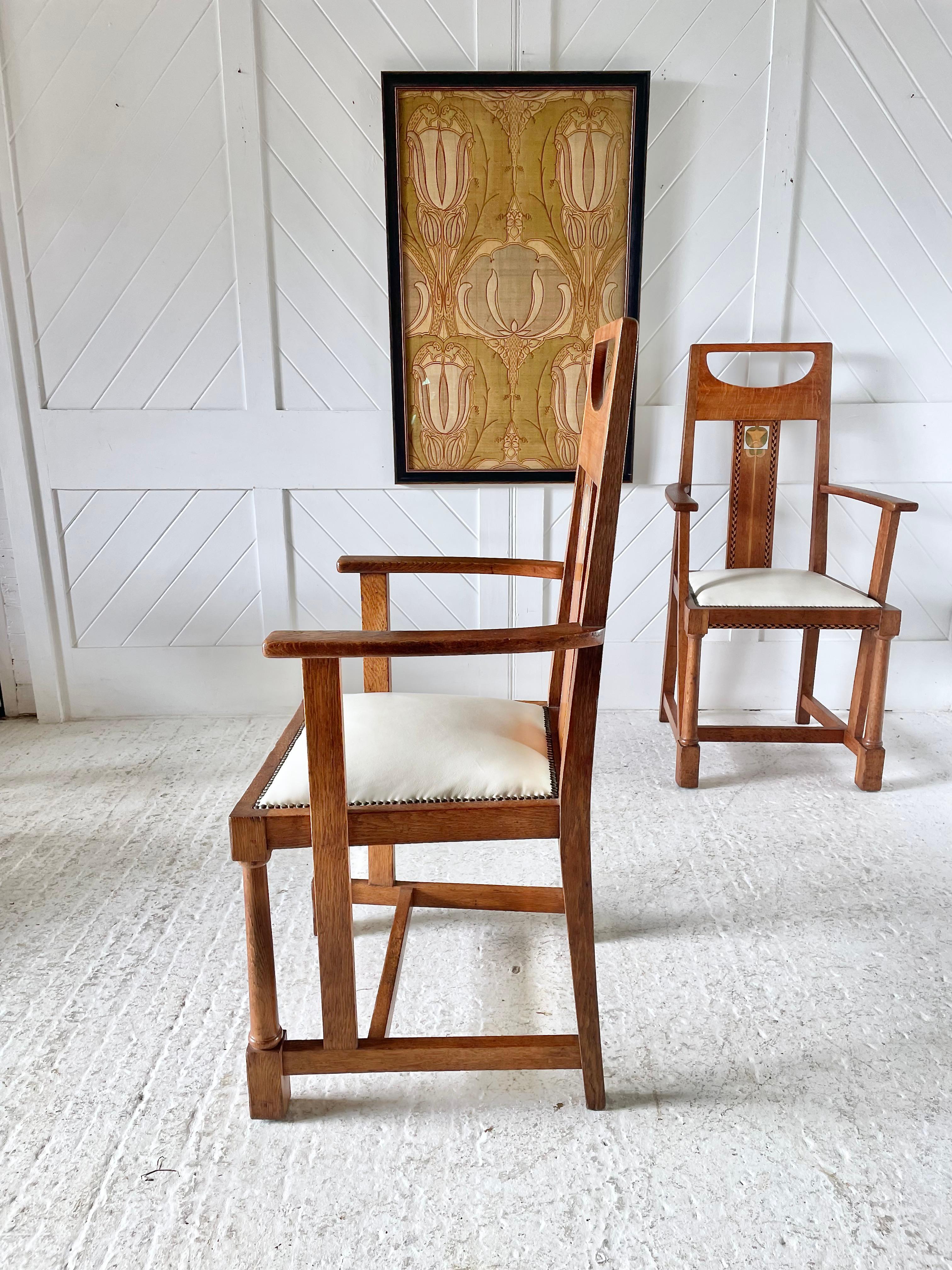 English Pair of Arts and Crafts carver chairs designed by G.M. Ellwood 1905 For Sale