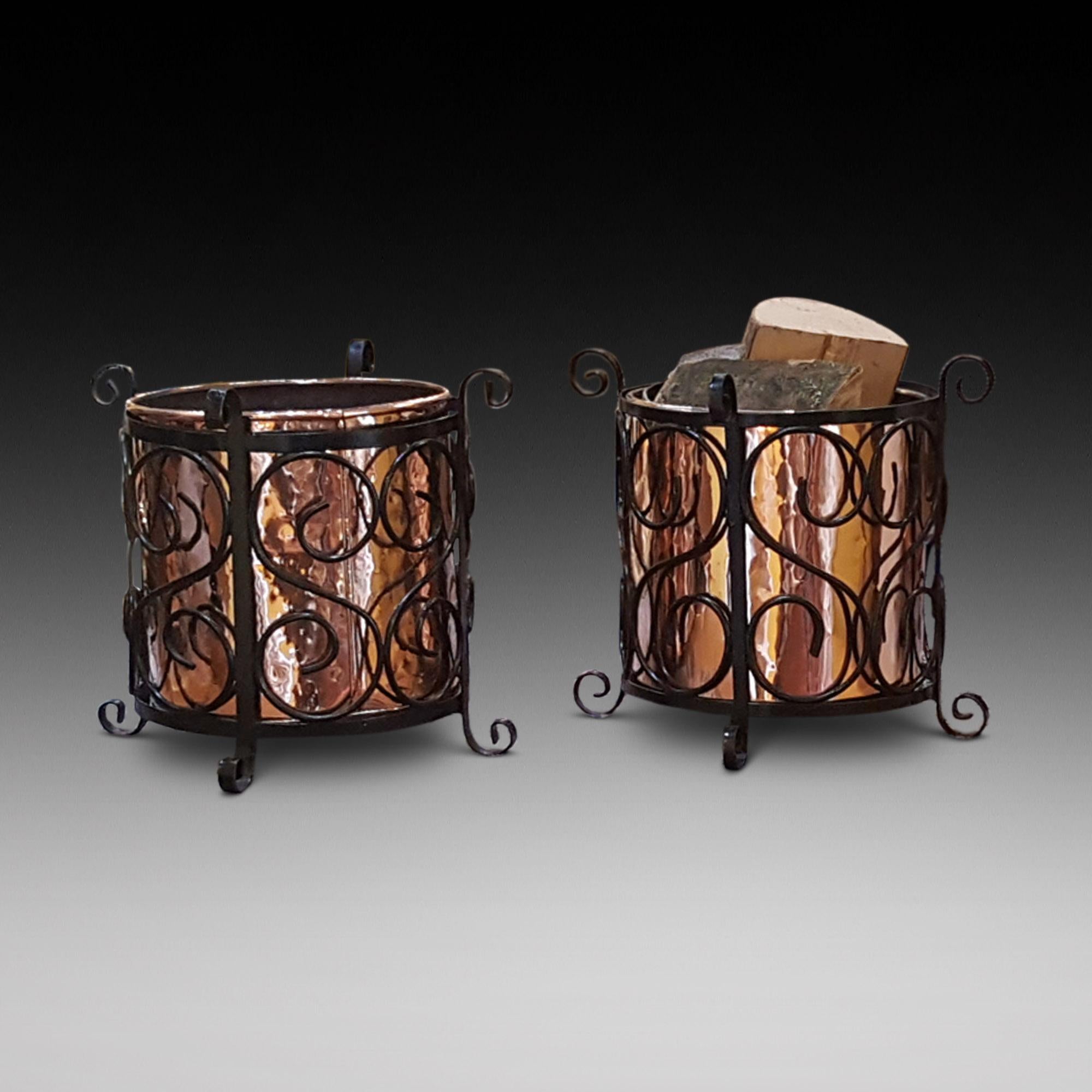 Pair of Arts and Crafts Copper and Cast Iron Log Buckets c1890 12