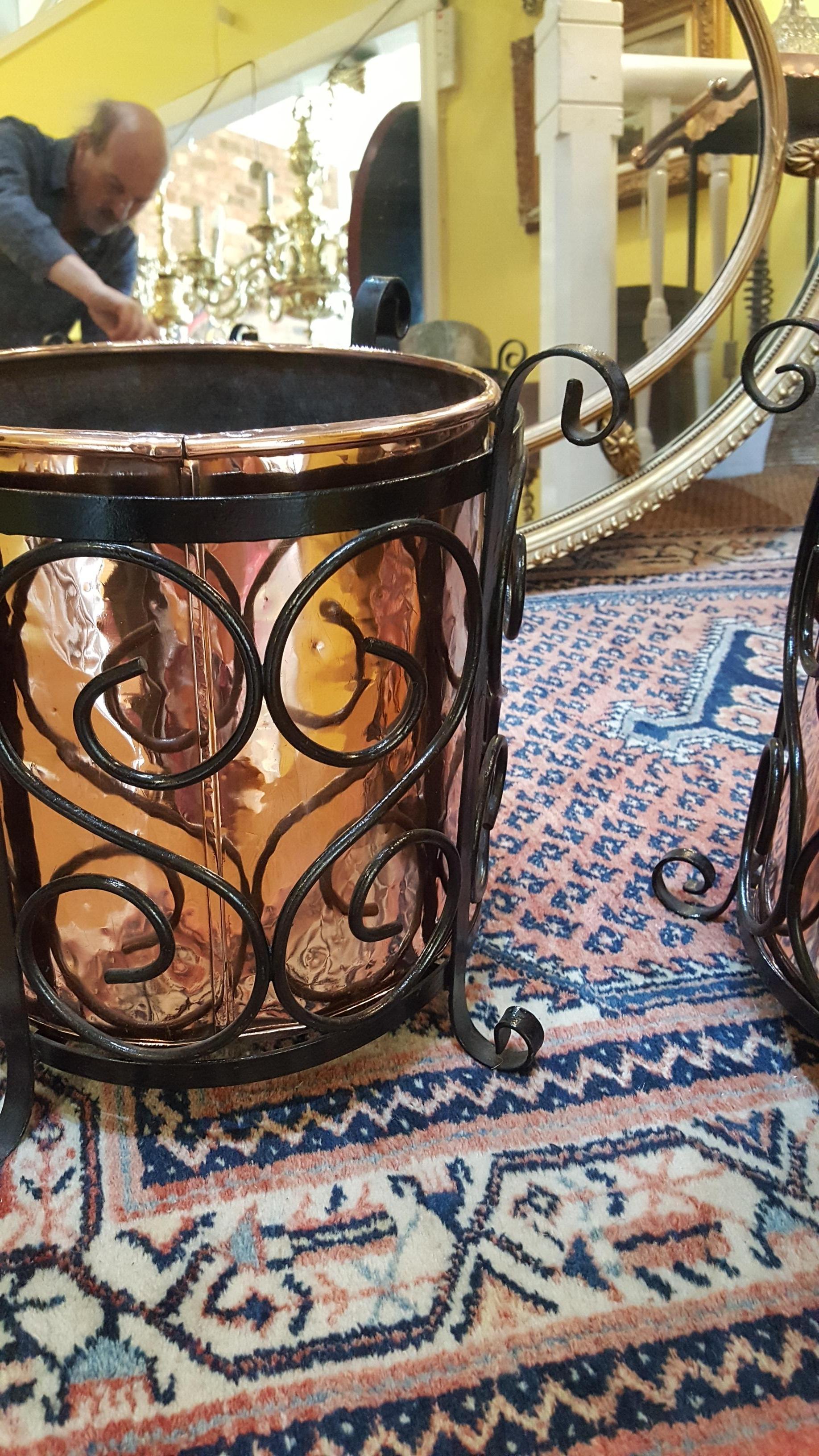 English Pair of Arts and Crafts Copper and Cast Iron Log Buckets For Sale