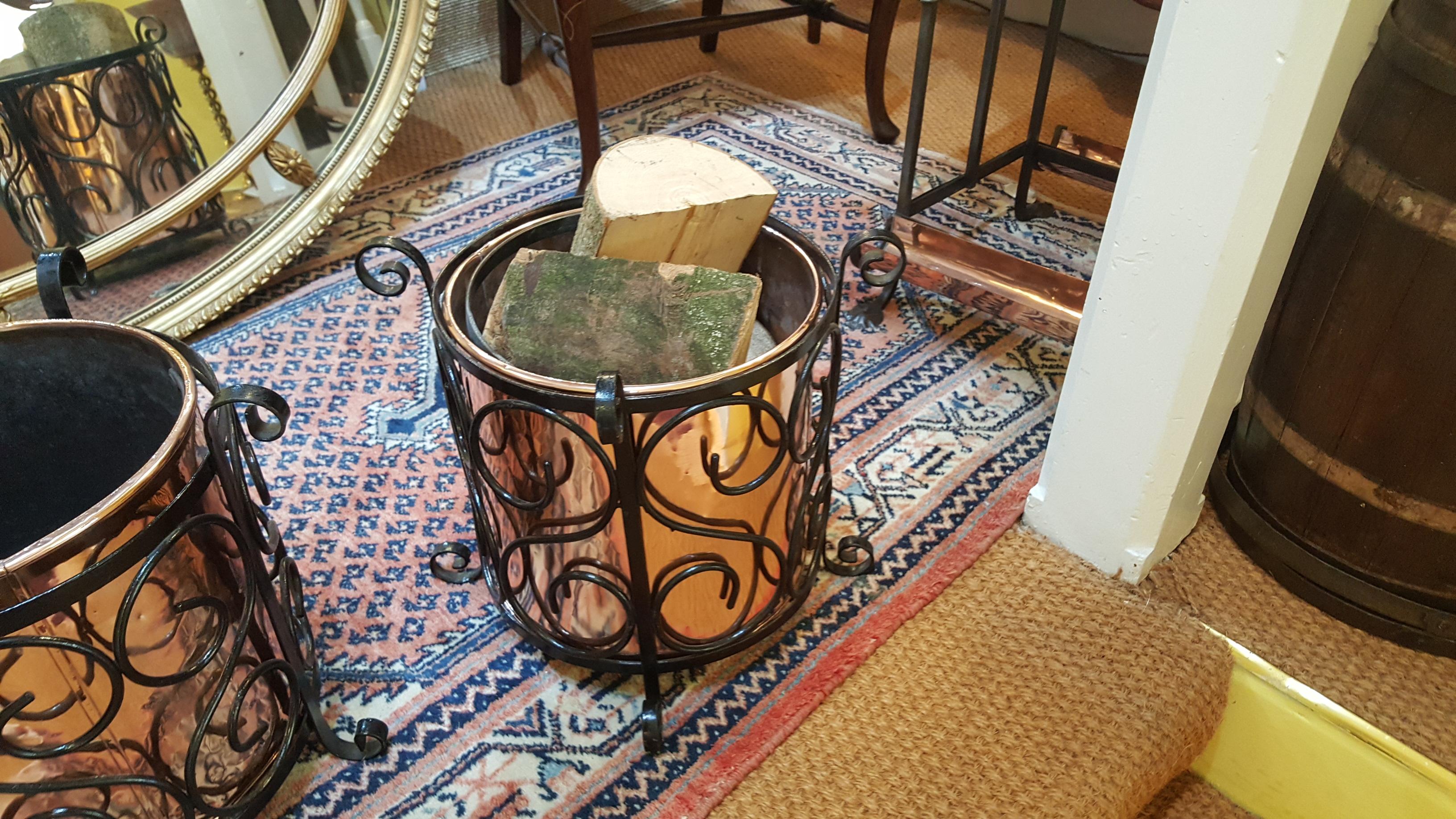 Late 19th Century Pair of Arts and Crafts Copper and Cast Iron Log Buckets For Sale