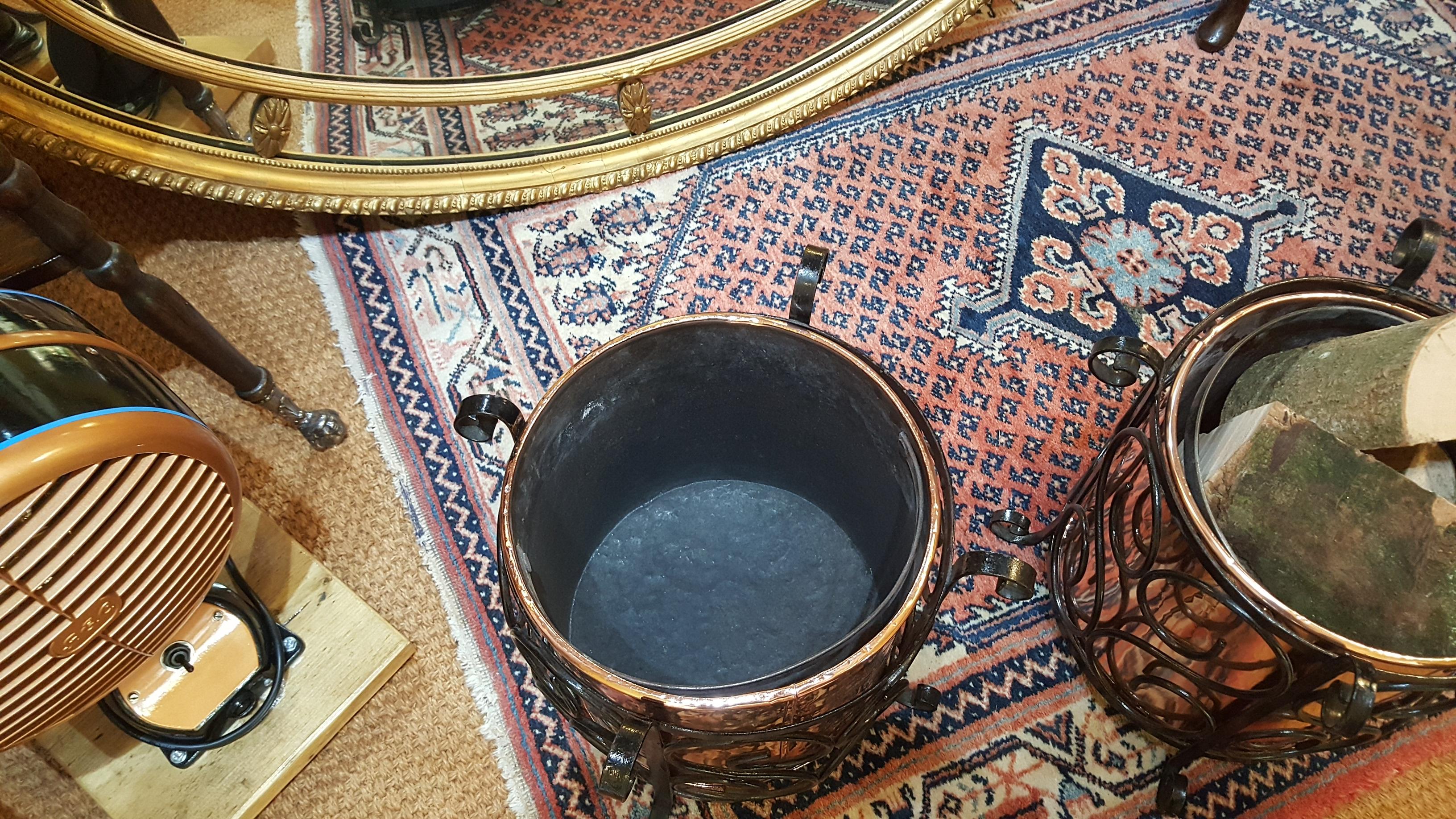 Pair of Arts and Crafts Copper and Cast Iron Log Buckets For Sale 1