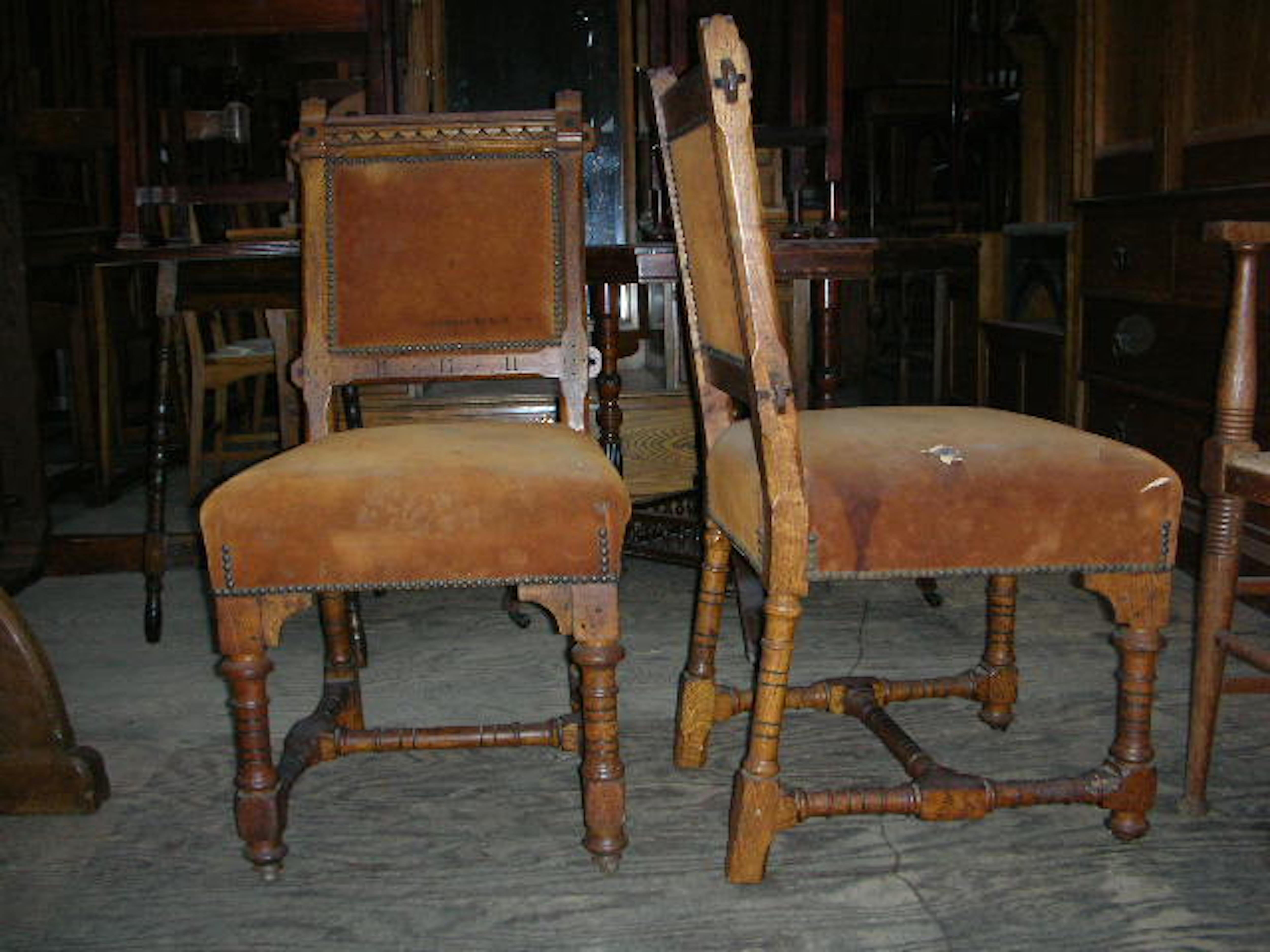 English John Pollard Seddon A pair of Gothic Revival oak dining chairs. 4 more available For Sale