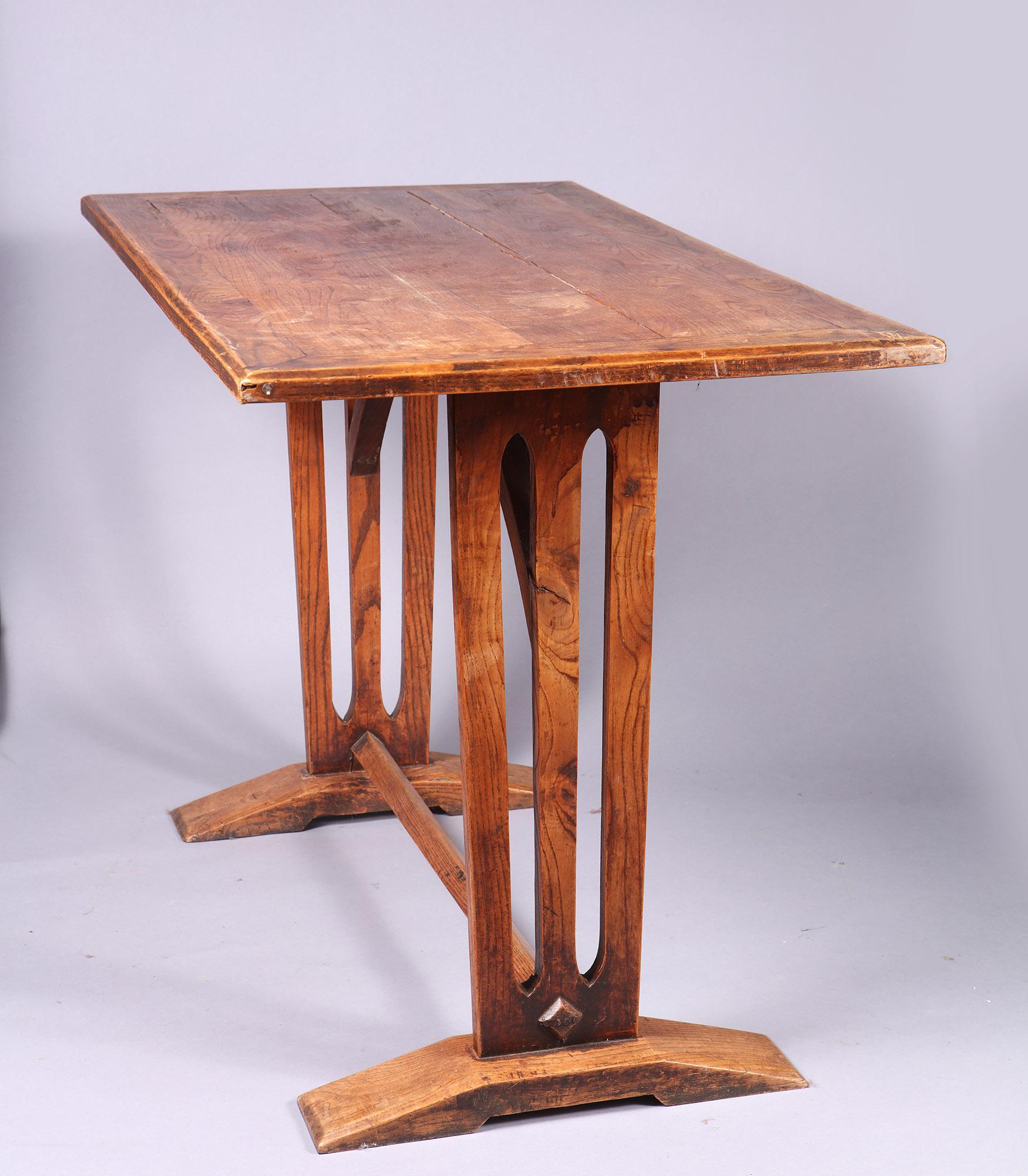 Carved Pair of Arts and Crafts Elm Tables For Sale