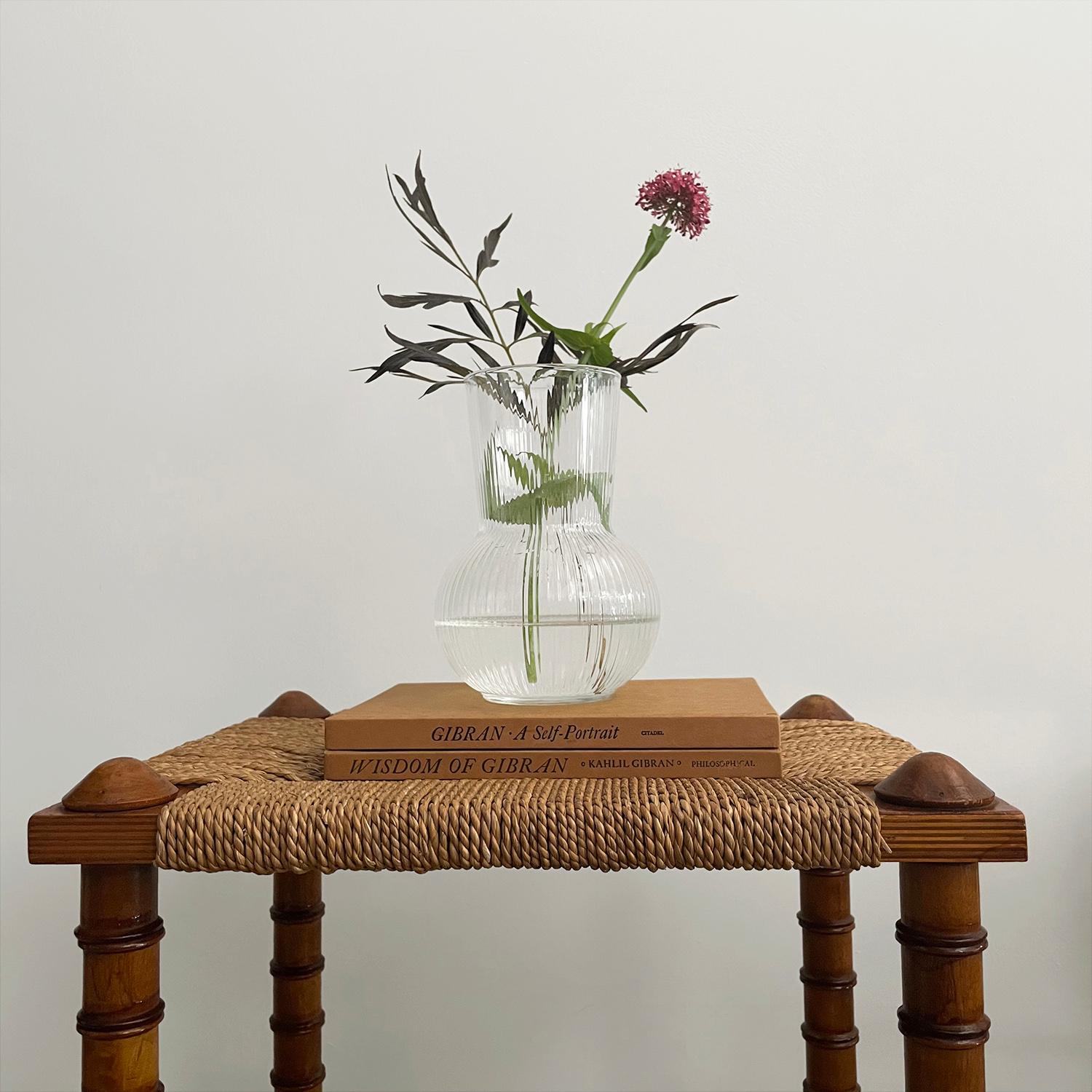 Pair of French arts & crafts end tables 
France, mid century 
Handcrafted artisanal tables 
These tables are charming and full of character 
Each table has four round wooden posts with fluted detailing and is finished with rounded wood caps Top