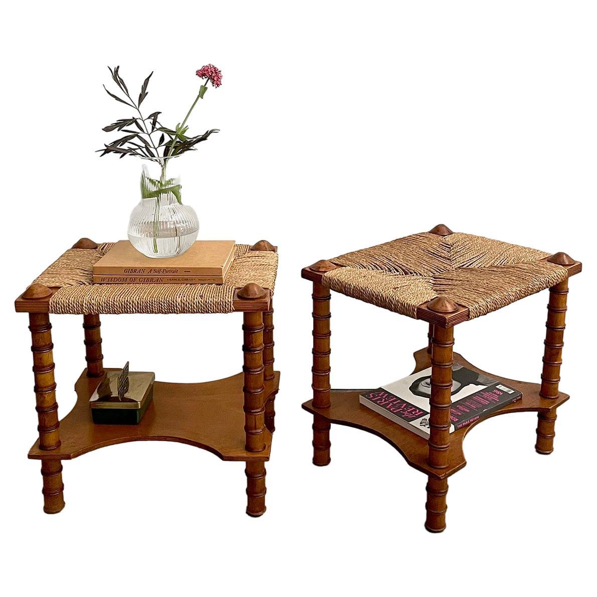 Paar Französisch Holz & Seil Arts and Craft End Tische