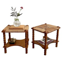 Vintage Pair of French Wood & Rope Arts and Crafts End Tables