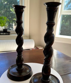 Pair of Jacobean Revival Oak Barley Twist Candlesticks