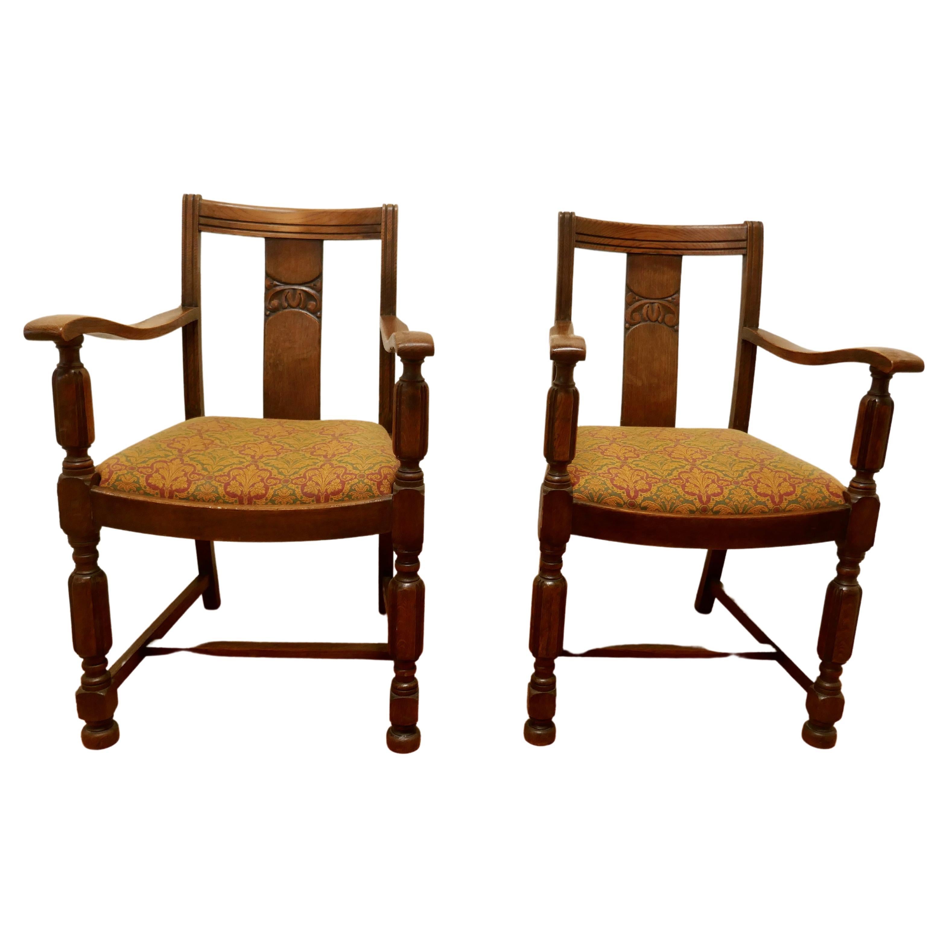 Pair of Arts & Crafts Golden Oak Carver Chairs For Sale