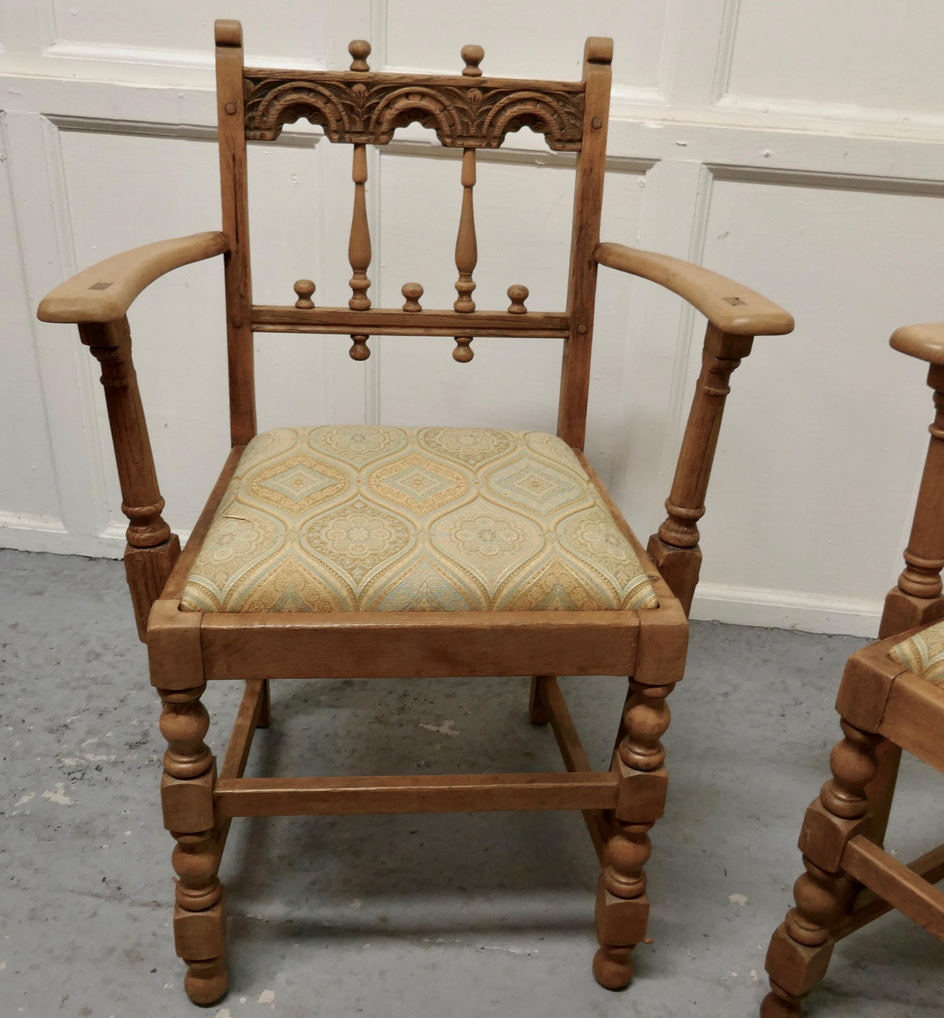 Arts and Crafts Pair of Arts & Crafts Gothic Bleached Oak Hall Chairs