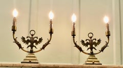 Pair of Arts and Crafts Gothic Brass Twin Table Lamps