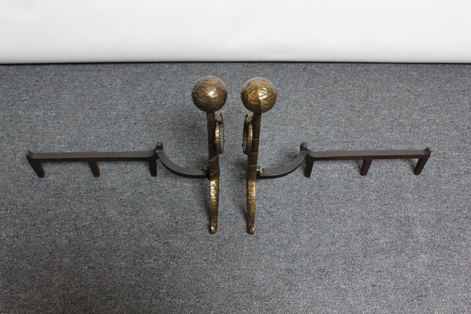Pair of Arts and Crafts Hammered Cast-Metal Andirons For Sale 4