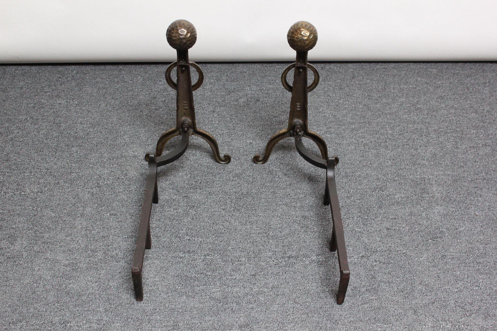 Pair of Arts and Crafts Hammered Cast-Metal Andirons In Good Condition For Sale In Brooklyn, NY