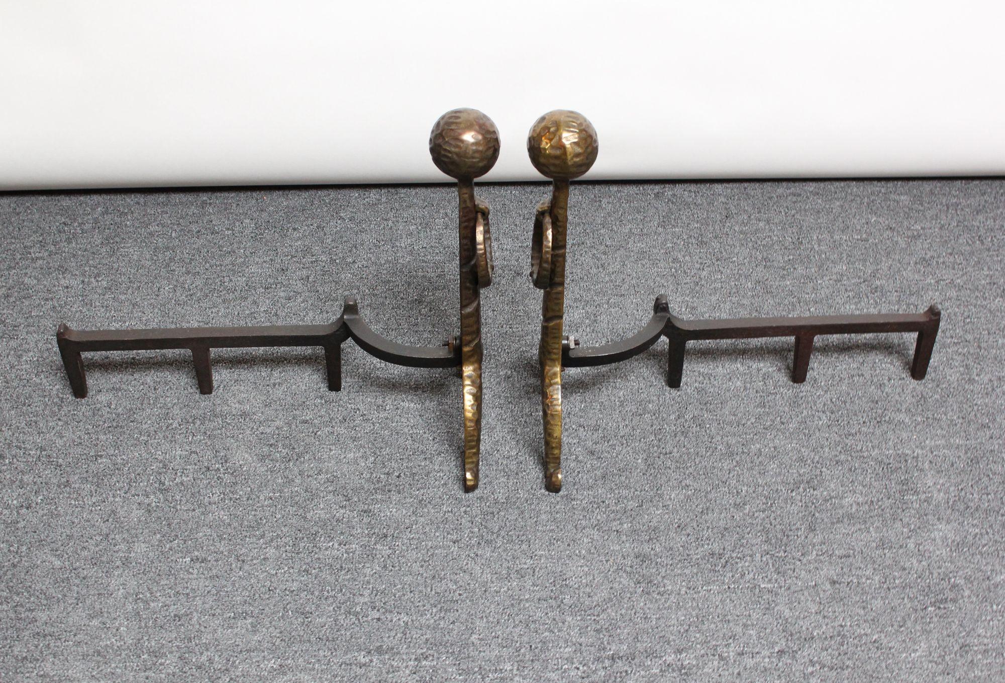 Pair of Arts and Crafts Hammered Cast-Metal Andirons For Sale 3