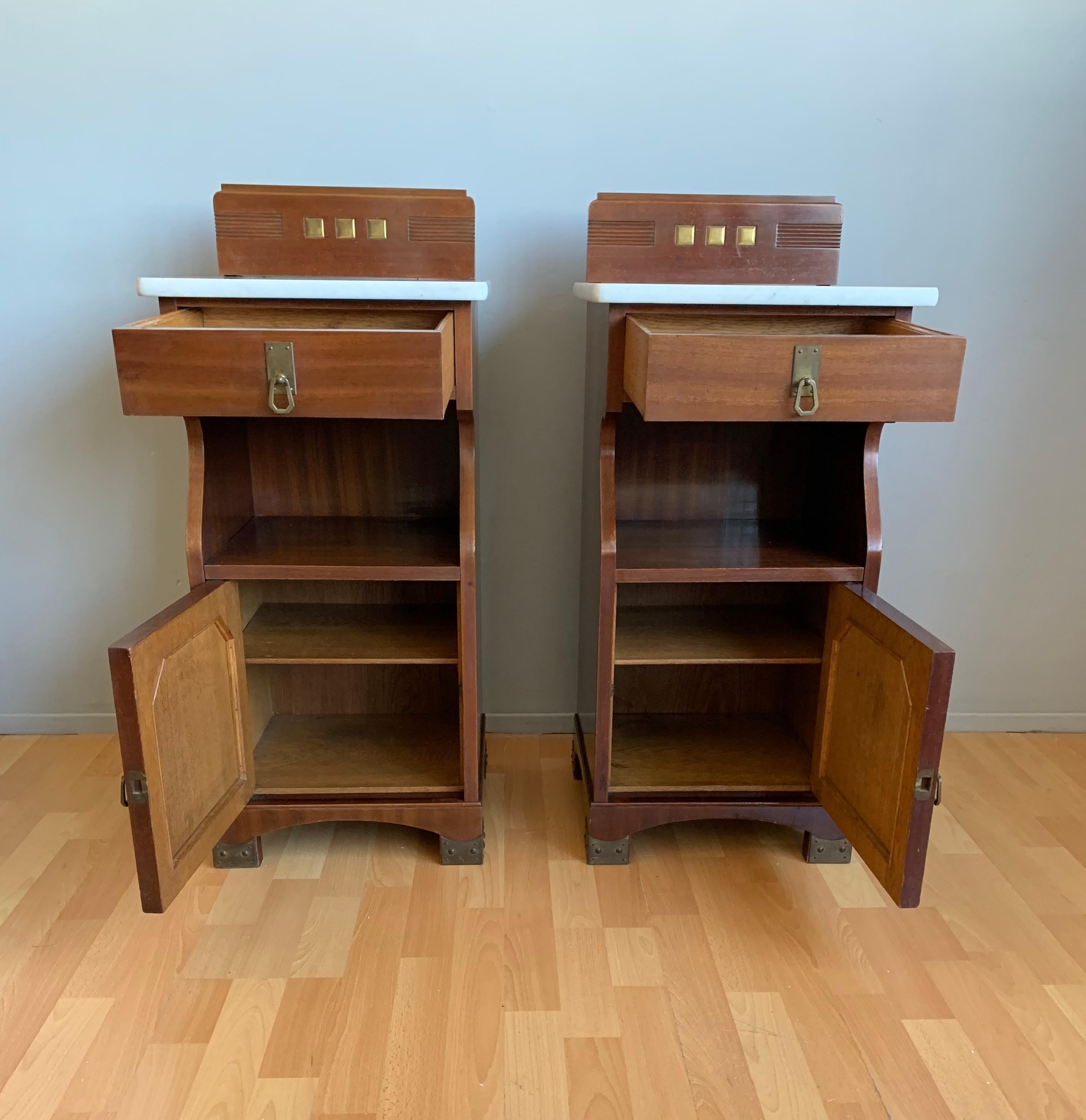 Pair of Arts and Crafts Nutwood Bedside Cabinets / Nightstands with Marble Tops For Sale 6