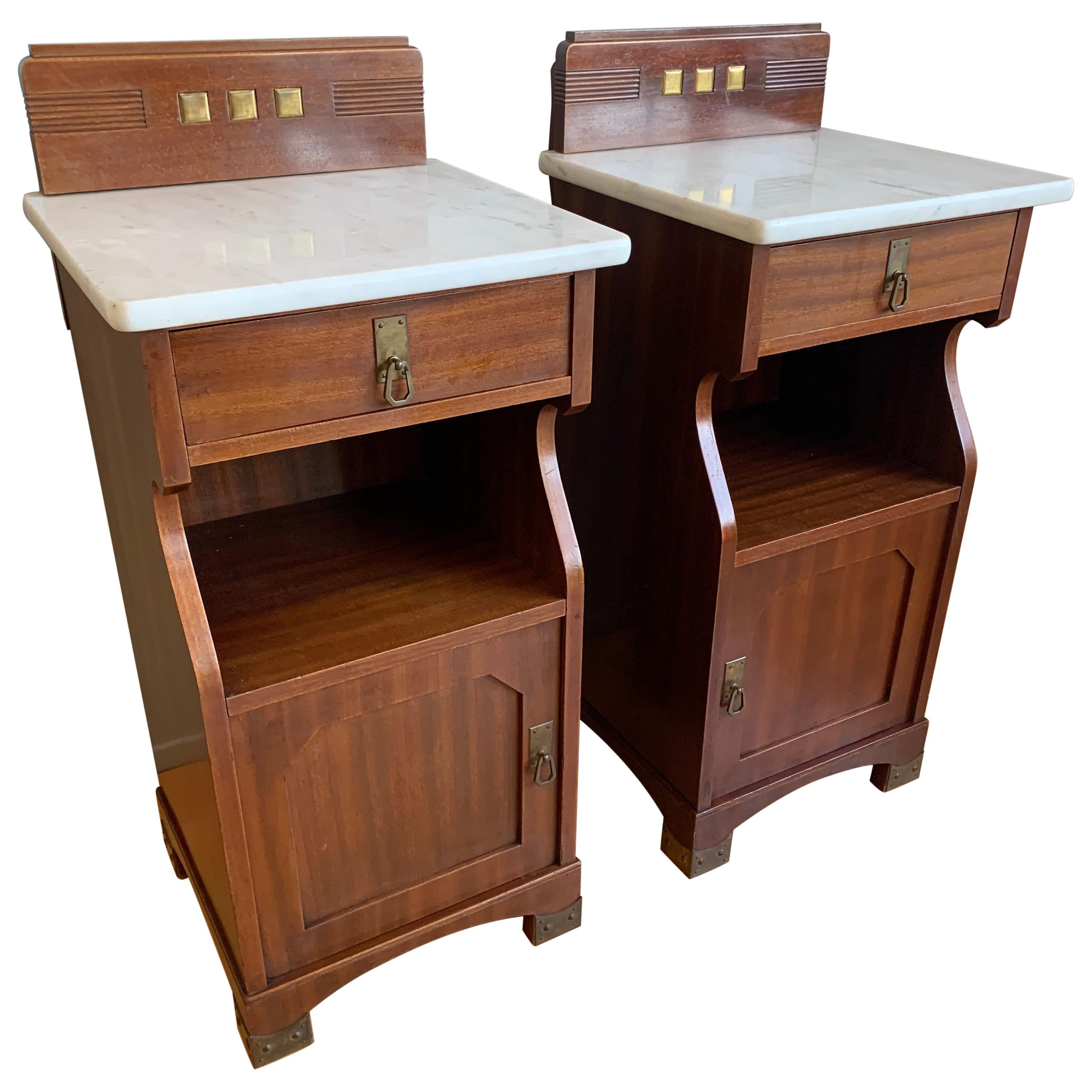 Pair of Arts and Crafts Nutwood Bedside Cabinets / Nightstands with Marble Tops For Sale