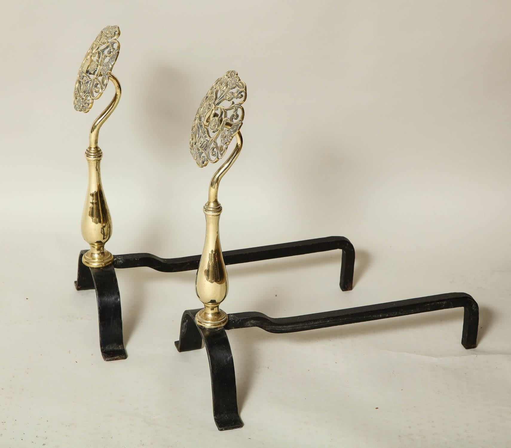 English Pair of Arts & Crafts Brass and Iron Andirons