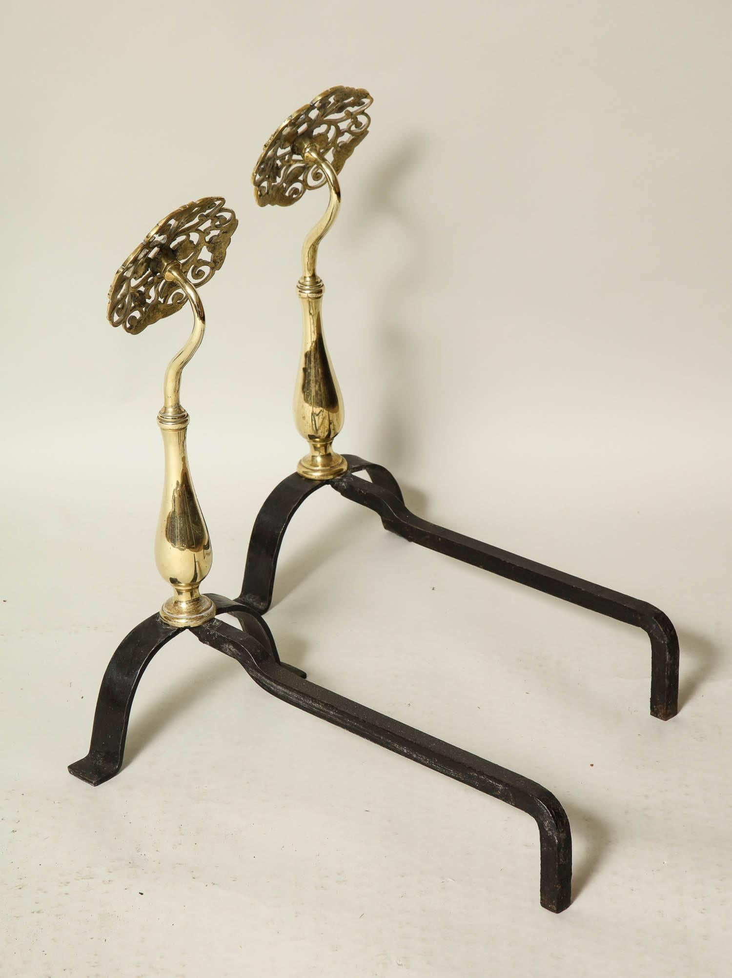 20th Century Pair of Arts & Crafts Brass and Iron Andirons