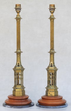 Pair of Arts and Crafts Neo Gothic Brass Lamps