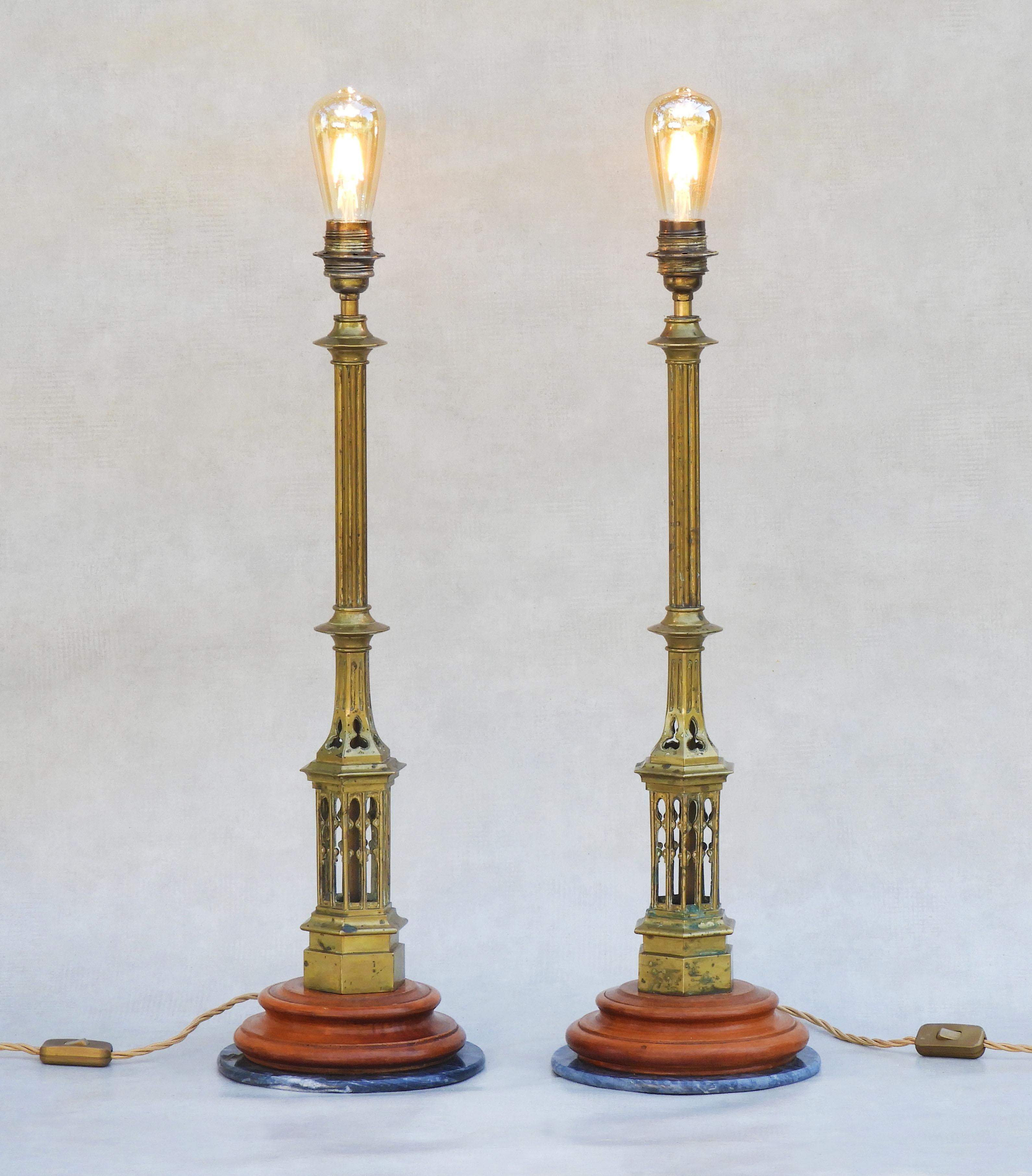 French Pair of Arts and Crafts Neo Gothic Brass Lamps  For Sale