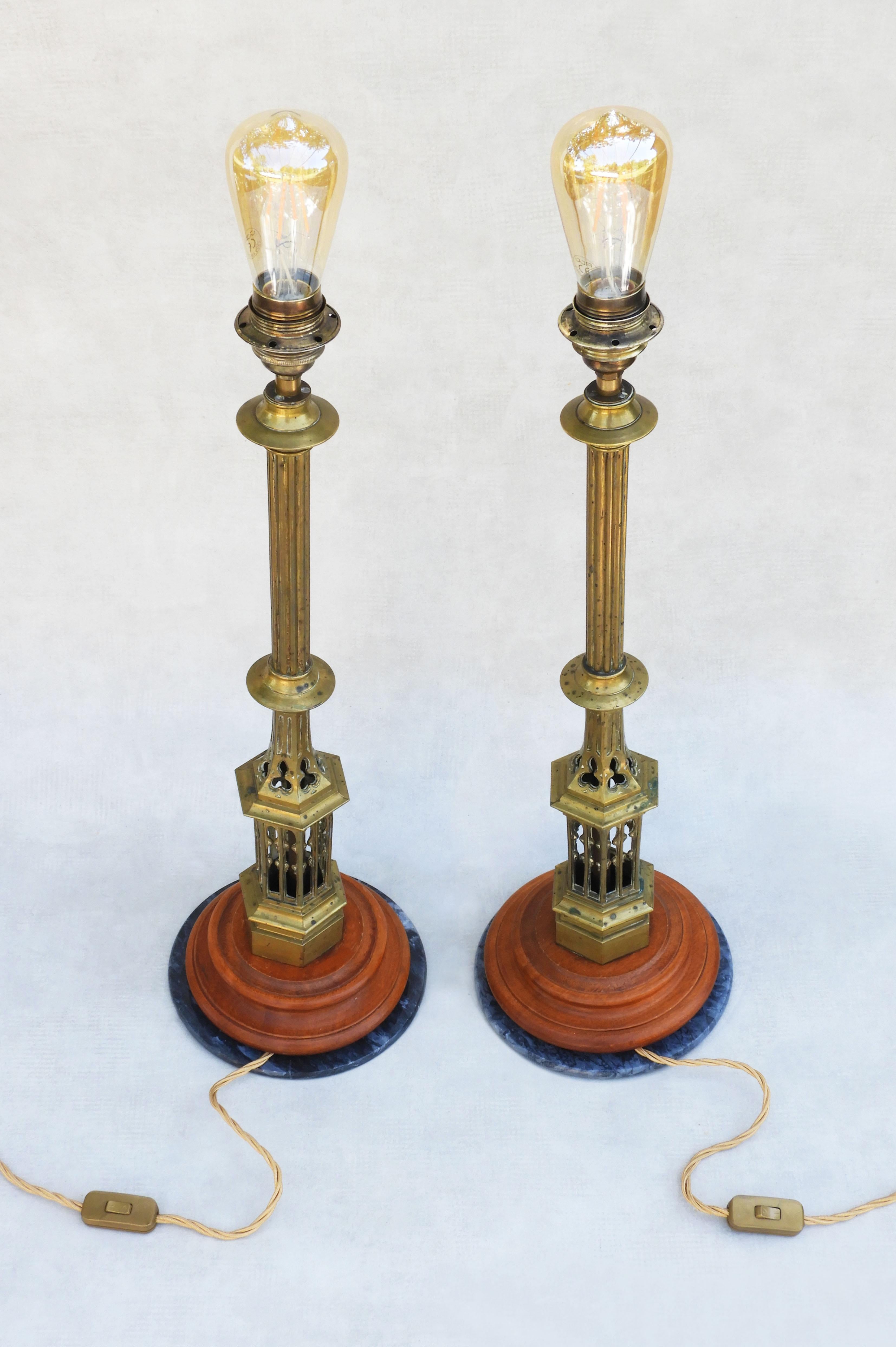 19th Century Pair of Arts and Crafts Neo Gothic Brass Lamps  For Sale