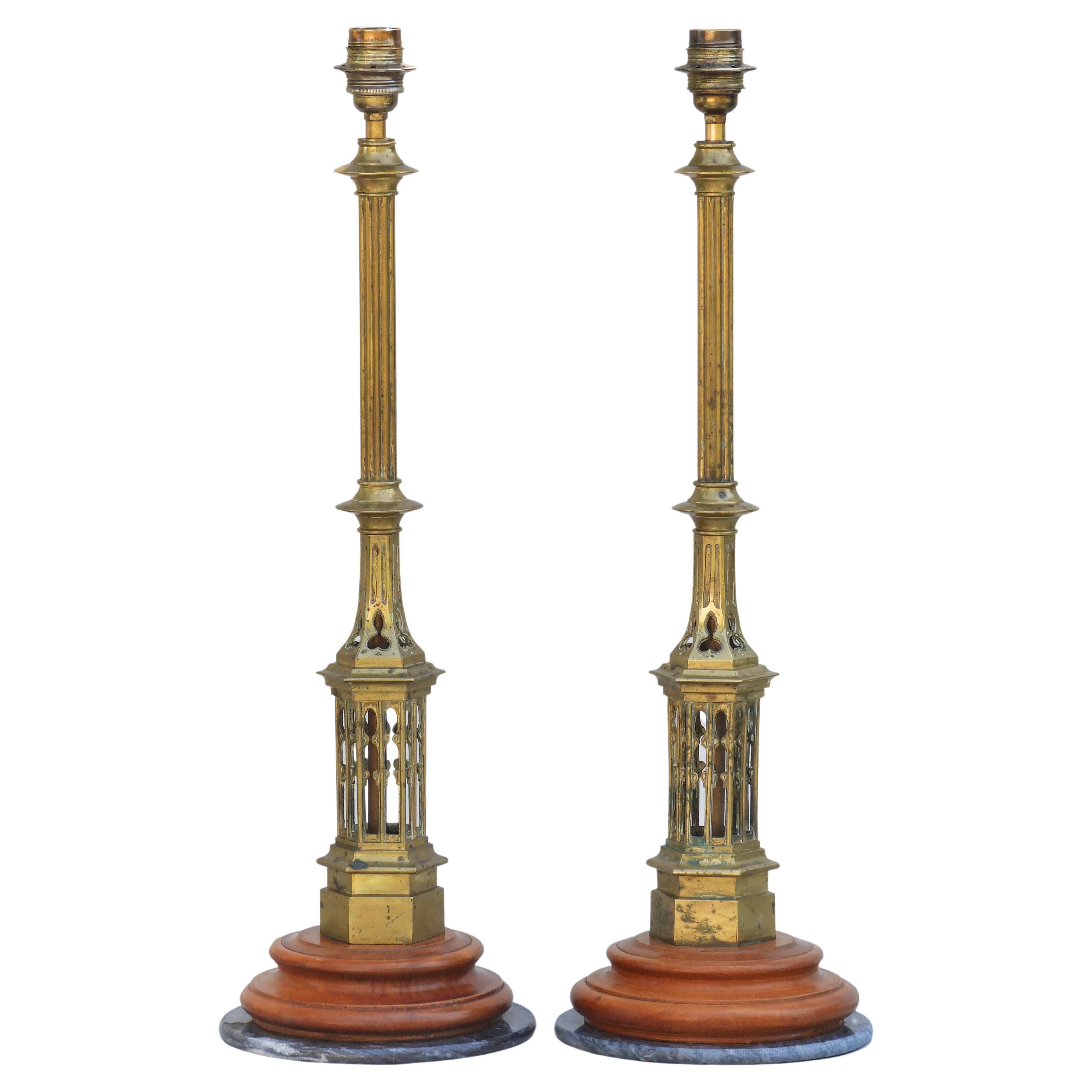 Pair of Arts and Crafts Neo Gothic Brass Lamps  For Sale