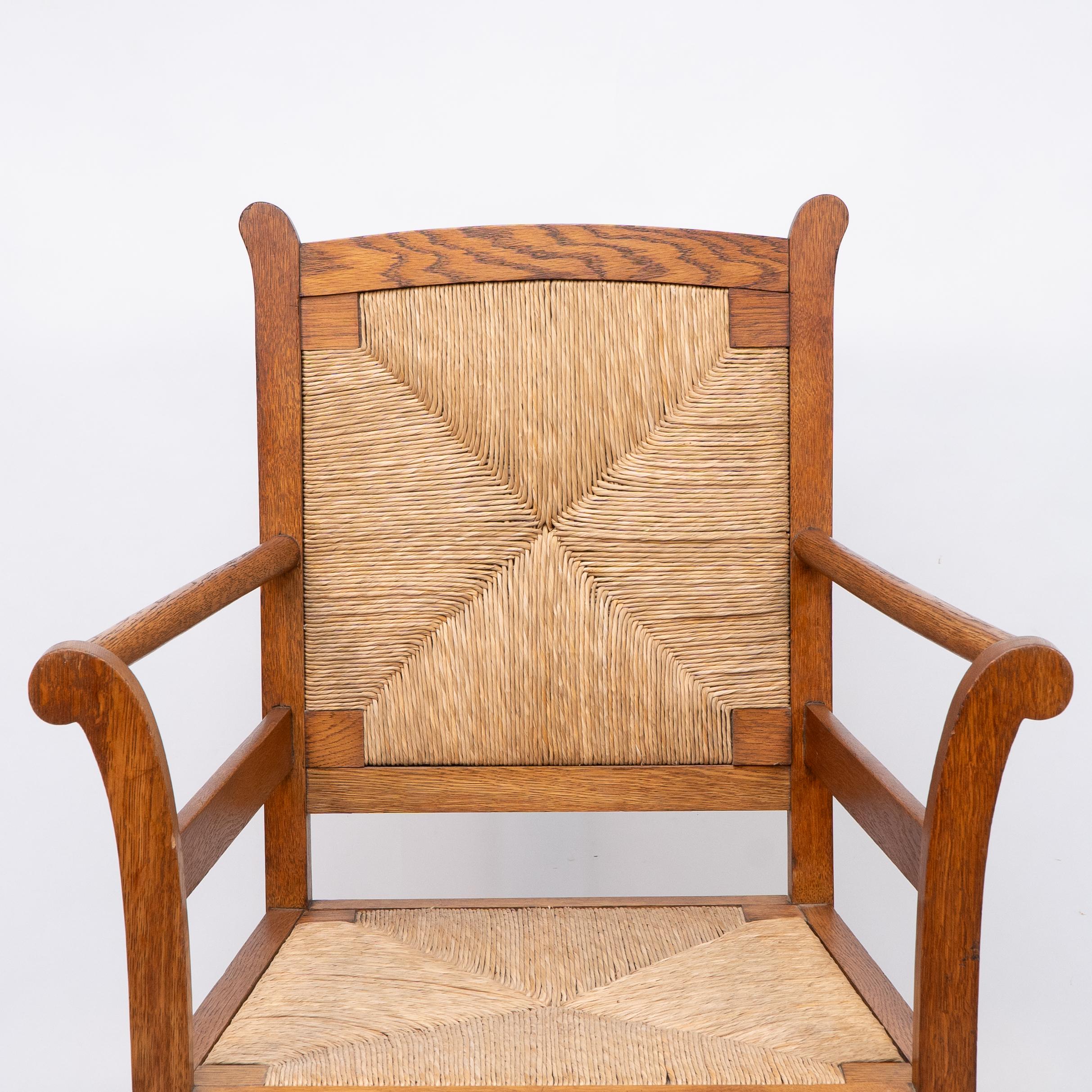 Pair of Arts and Crafts Oak Elbow Chairs, in the Manner of George Walton For Sale 4
