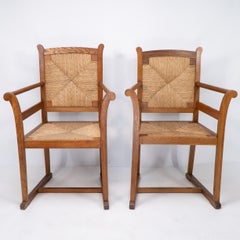 Pair of Arts and Crafts Oak Elbow Chairs, in the Manner of George Walton