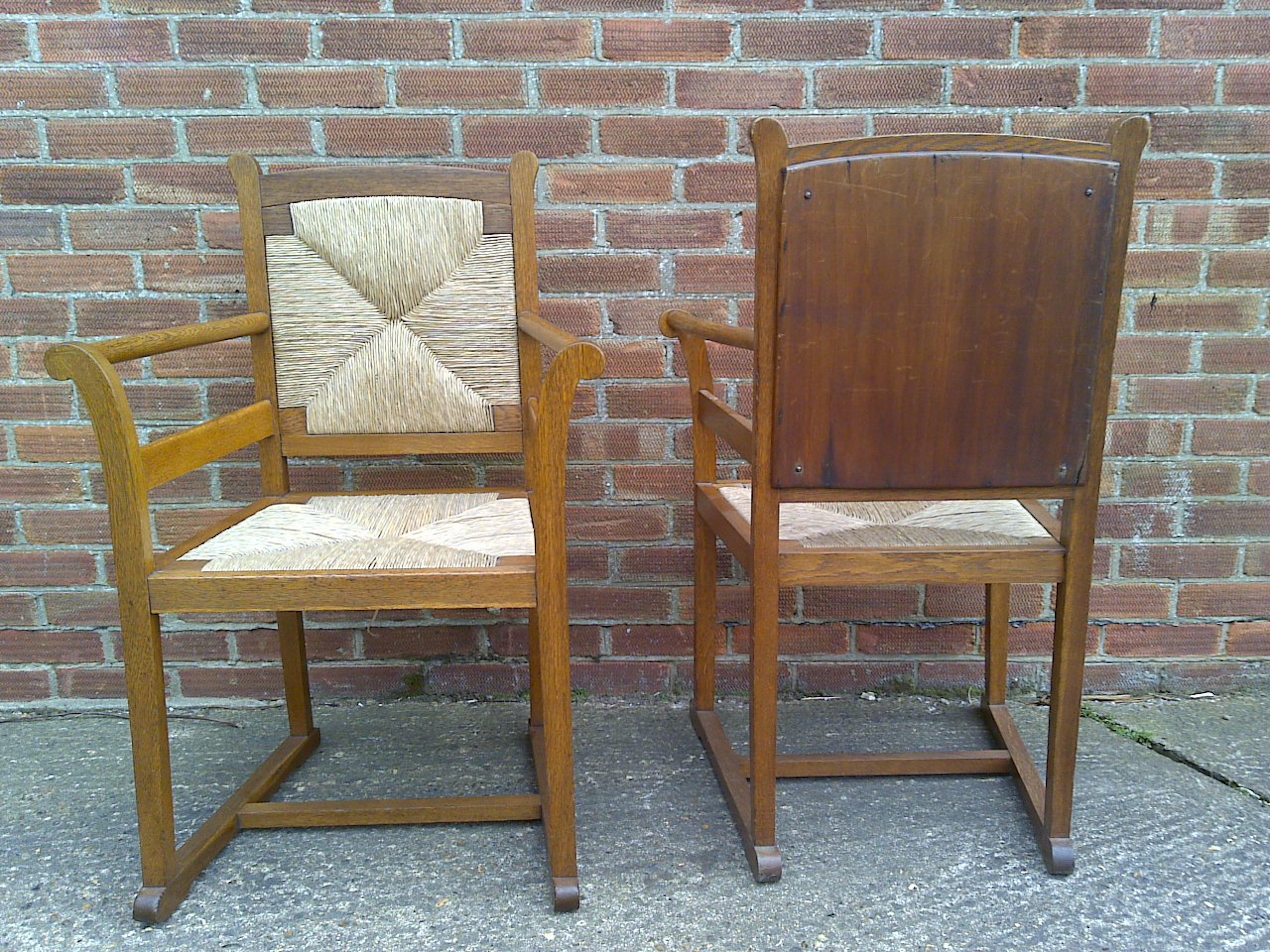 Pair of Arts and Crafts Oak Elbow Chairs, in the Manner of George Walton For Sale 1