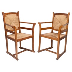 Pair of Arts and Crafts Oak Elbow Chairs, in the Manner of George Walton