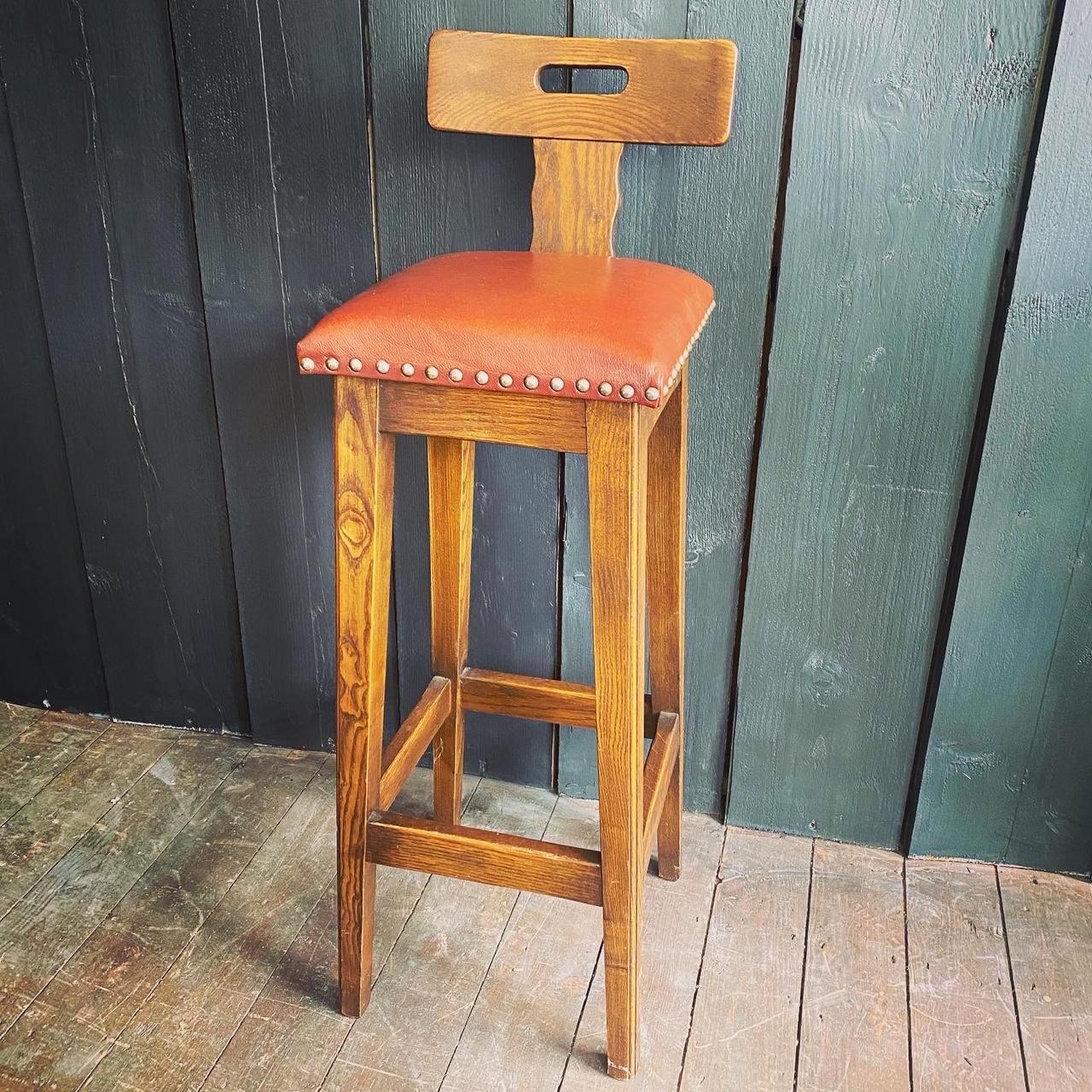 Arts and Crafts Pair of Arts & Crafts Oak, Elm and Leather Stools with Stud Detail For Sale