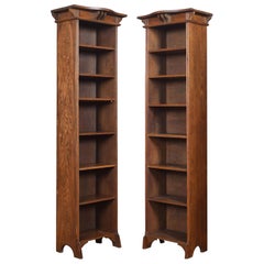 Antique Pair of Arts & Crafts Oak Narrow Open Bookcases