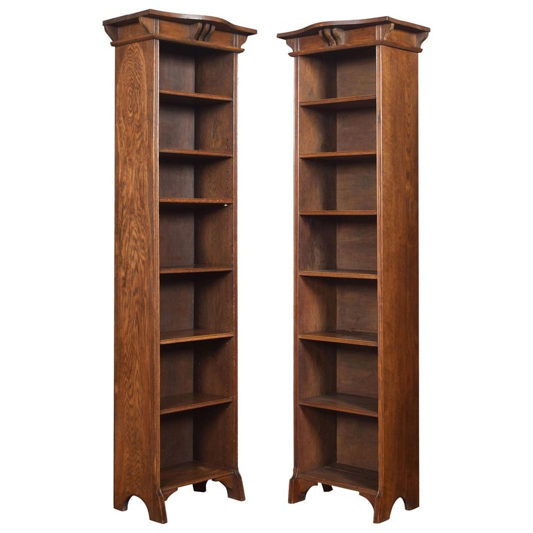 Pair of Arts and Crafts Oak Narrow Open Bookcases at 1stDibs