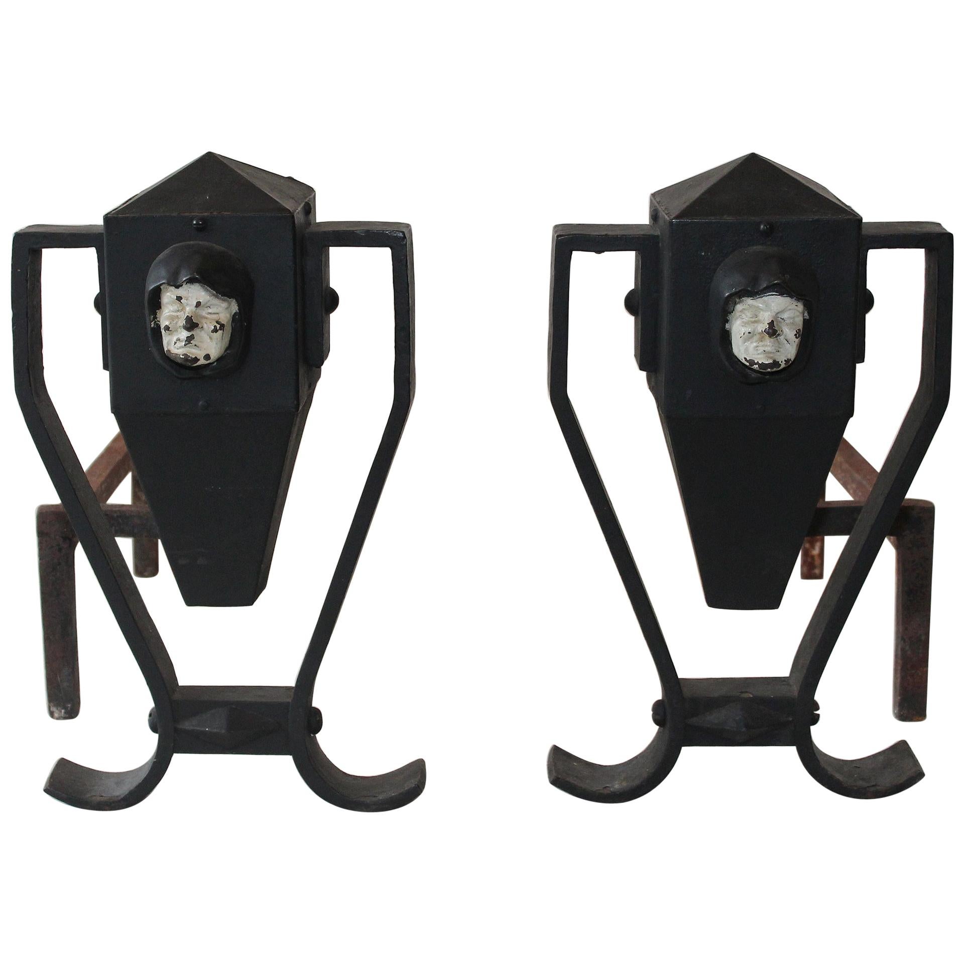 Pair of Arts & Crafts Painted Andirons, circa 1910 For Sale