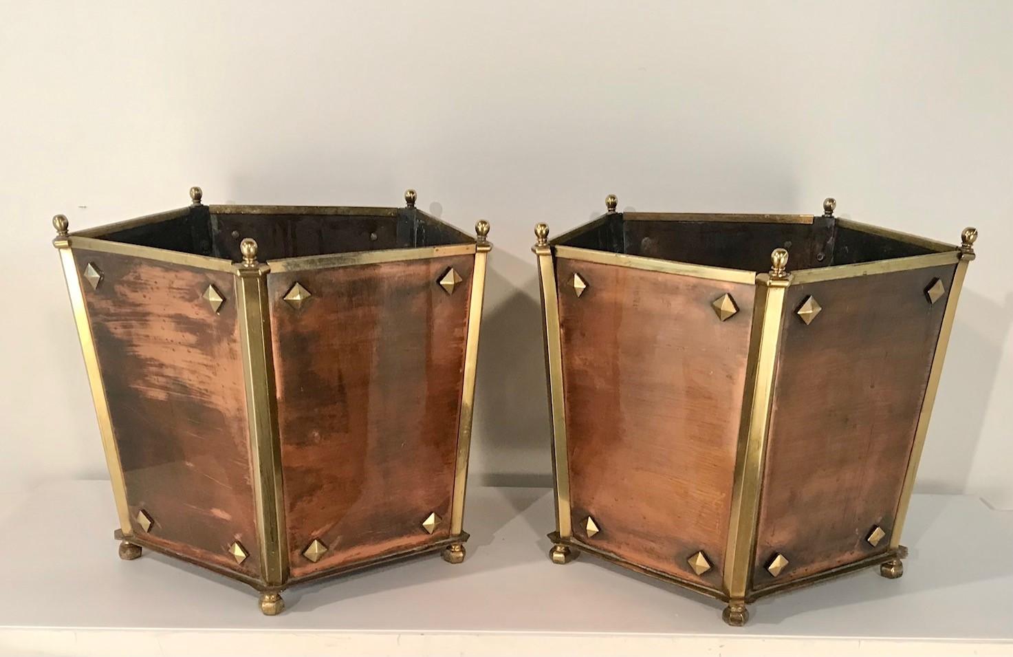 English Pair of Arts and Crafts Pentagon Brass and Copper Jardinieres For Sale