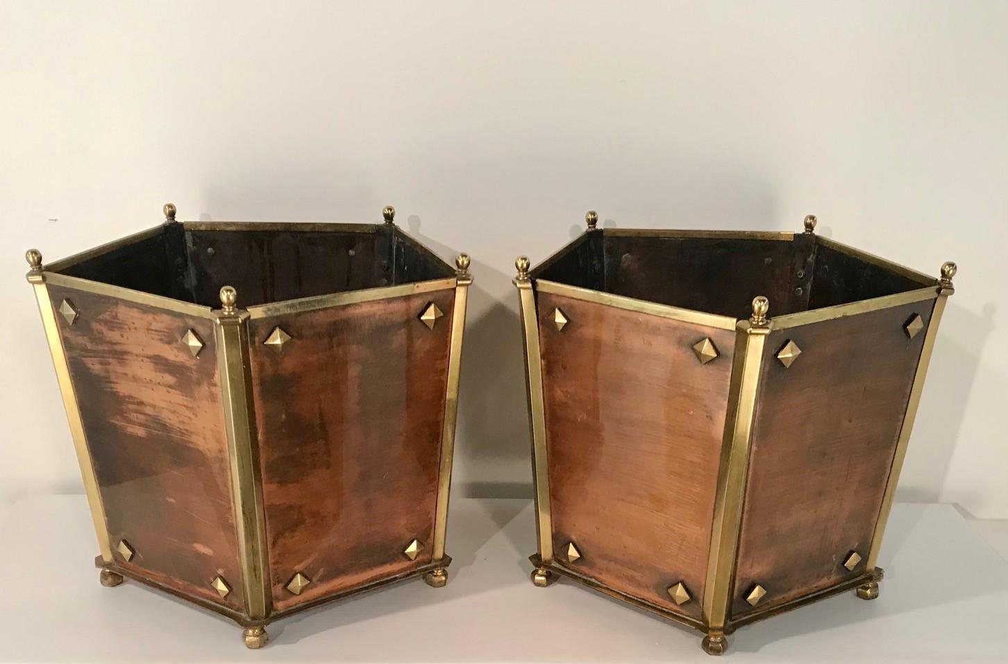 Hand-Crafted Pair of Arts and Crafts Pentagon Brass and Copper Jardinieres For Sale