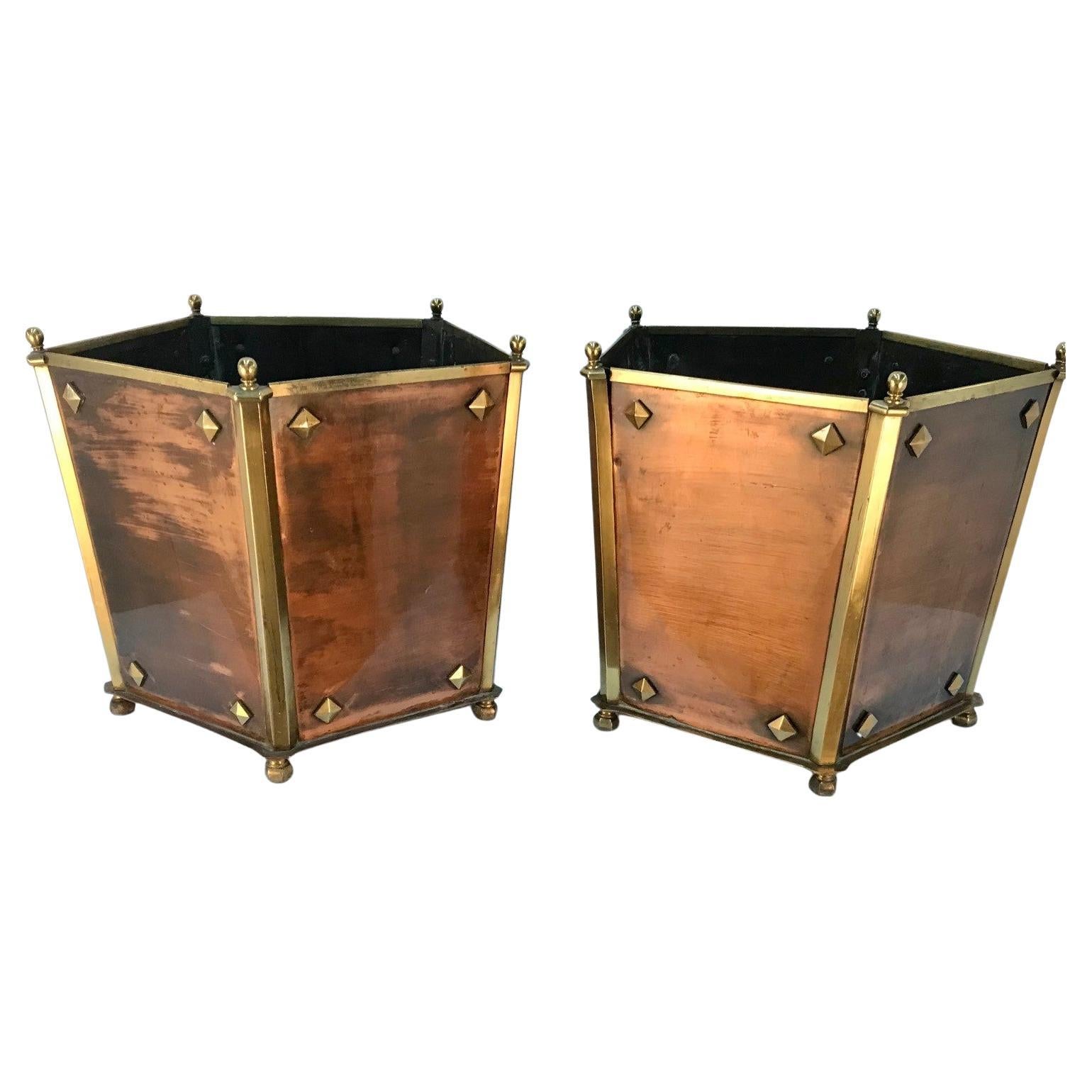 Pair of Arts and Crafts Pentagon Brass and Copper Jardinieres For Sale